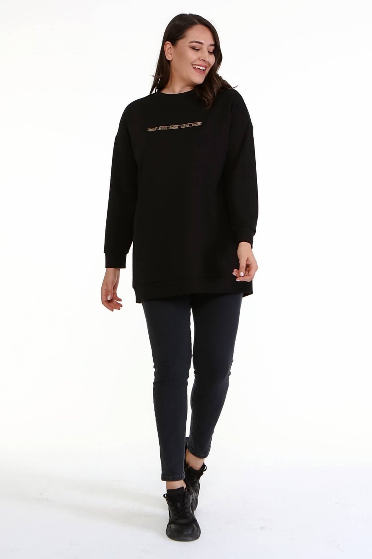 Myline-Örme Baskılı Sweatshirt-Büyük Beden Bluz-77139