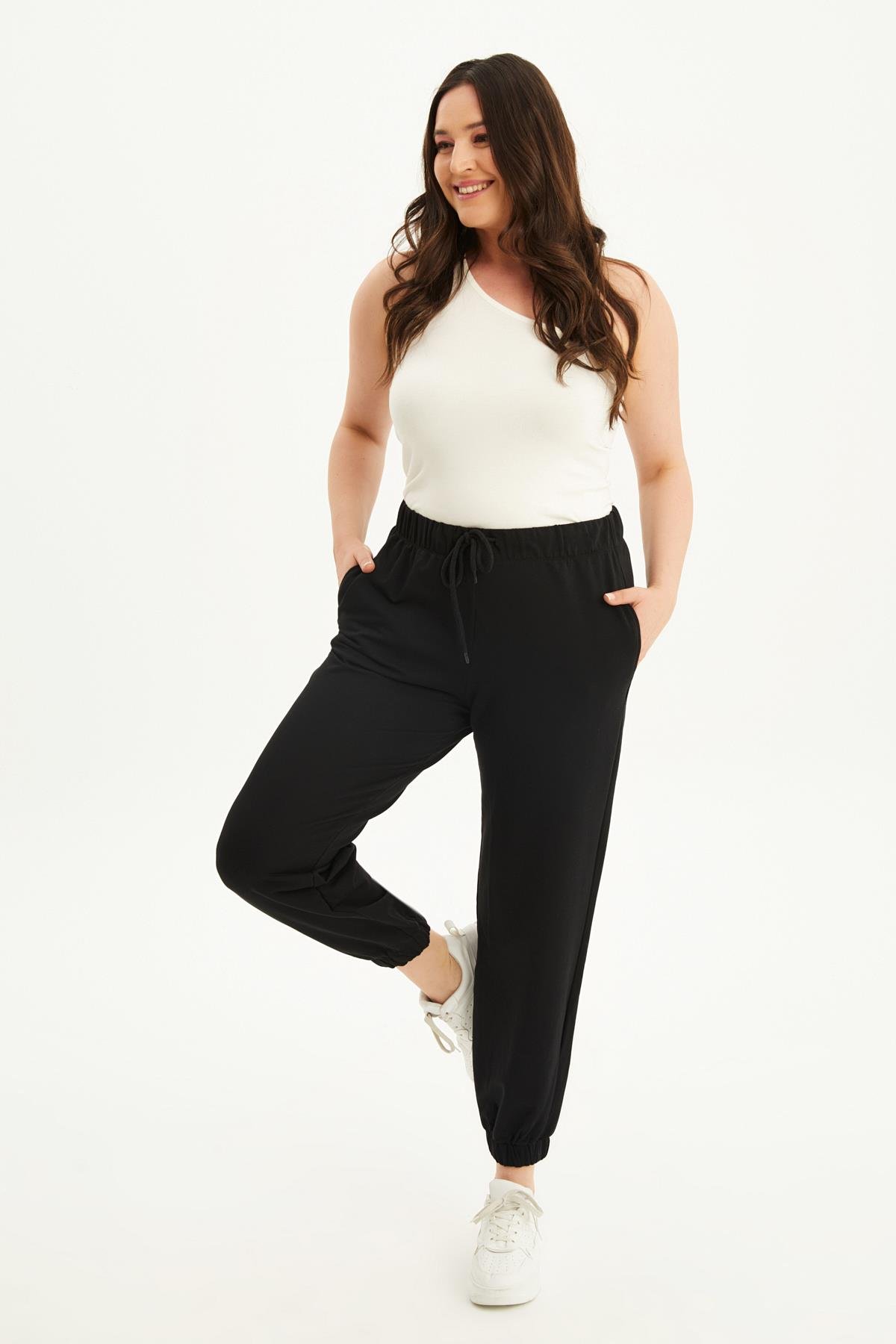 Myline-Örme Beli Lastikli Cepli Jogger Pantolon-Büyük Beden Pantolon-77175