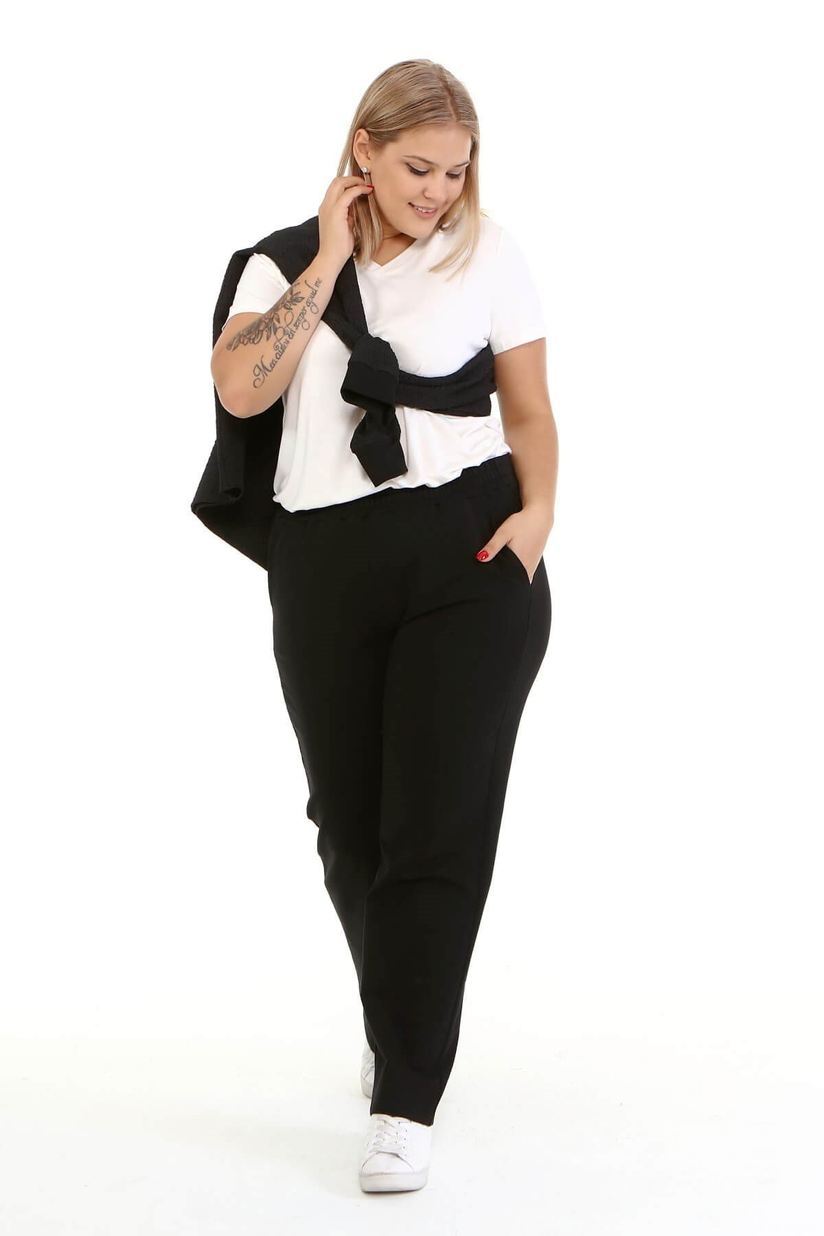 Myline-Örme Beli Lastikli Cepli Pantolon -Büyük Beden Pantolon-77143