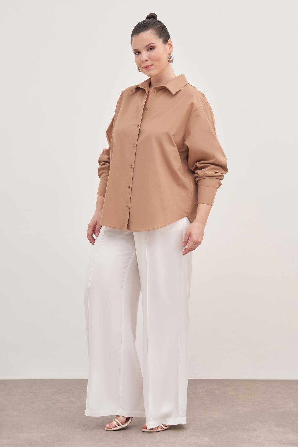 Myline-Oversize Poplin Gömlek-Büyük Beden Gömlek-139068