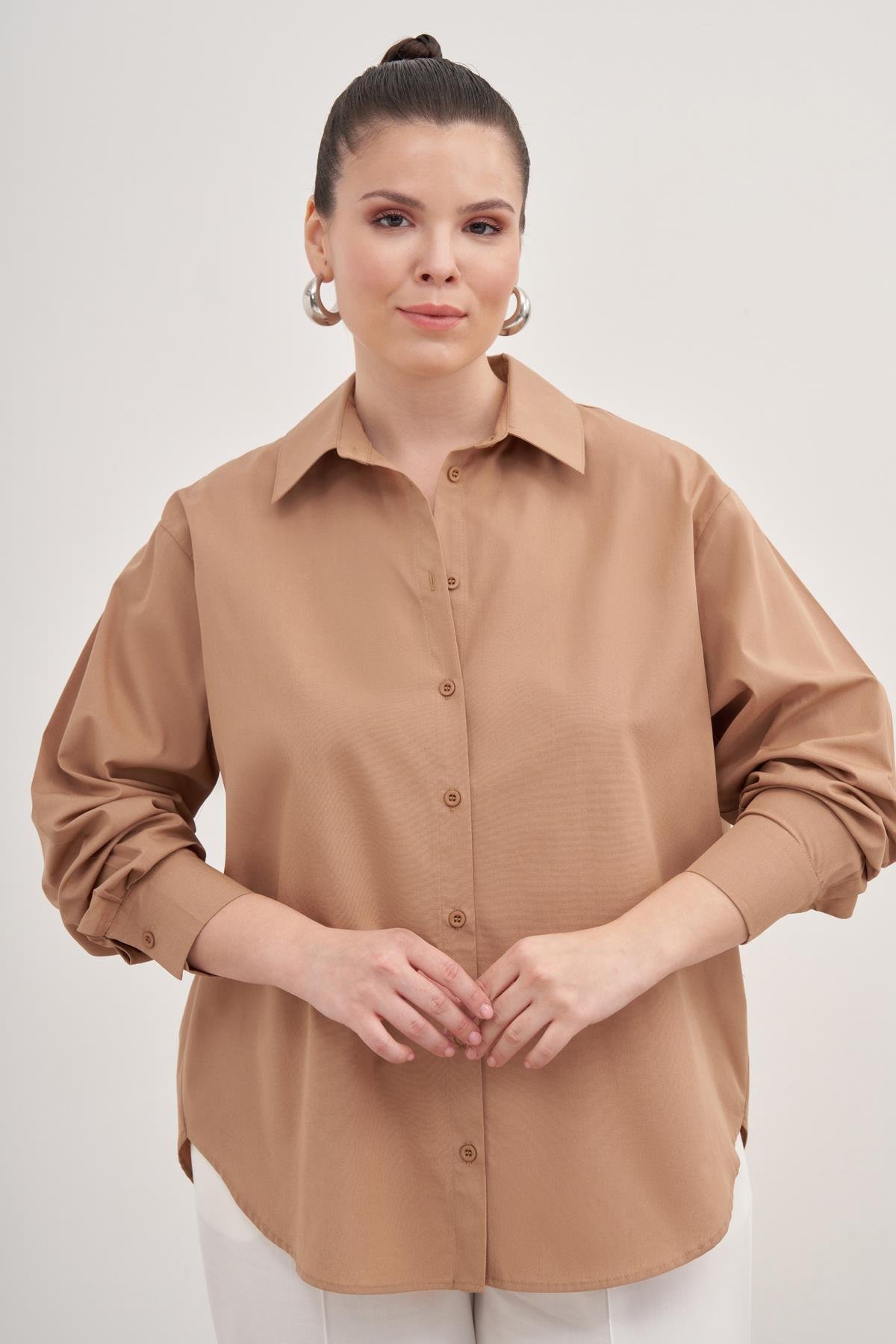 Myline-Oversize Poplin Gömlek-Büyük Beden Gömlek-139068