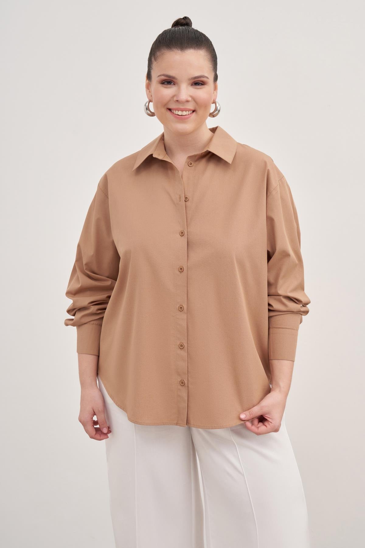 Myline-Oversize Poplin Gömlek-Büyük Beden Gömlek-139068