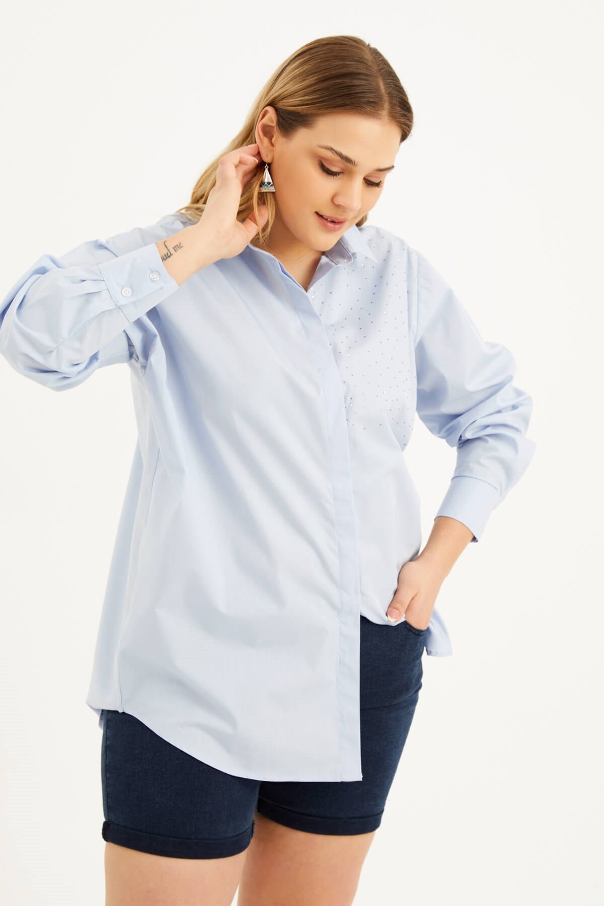 Myline-Oversize Taş Baskılı Poplin Gömlek -Büyük Beden Gömlek-77159