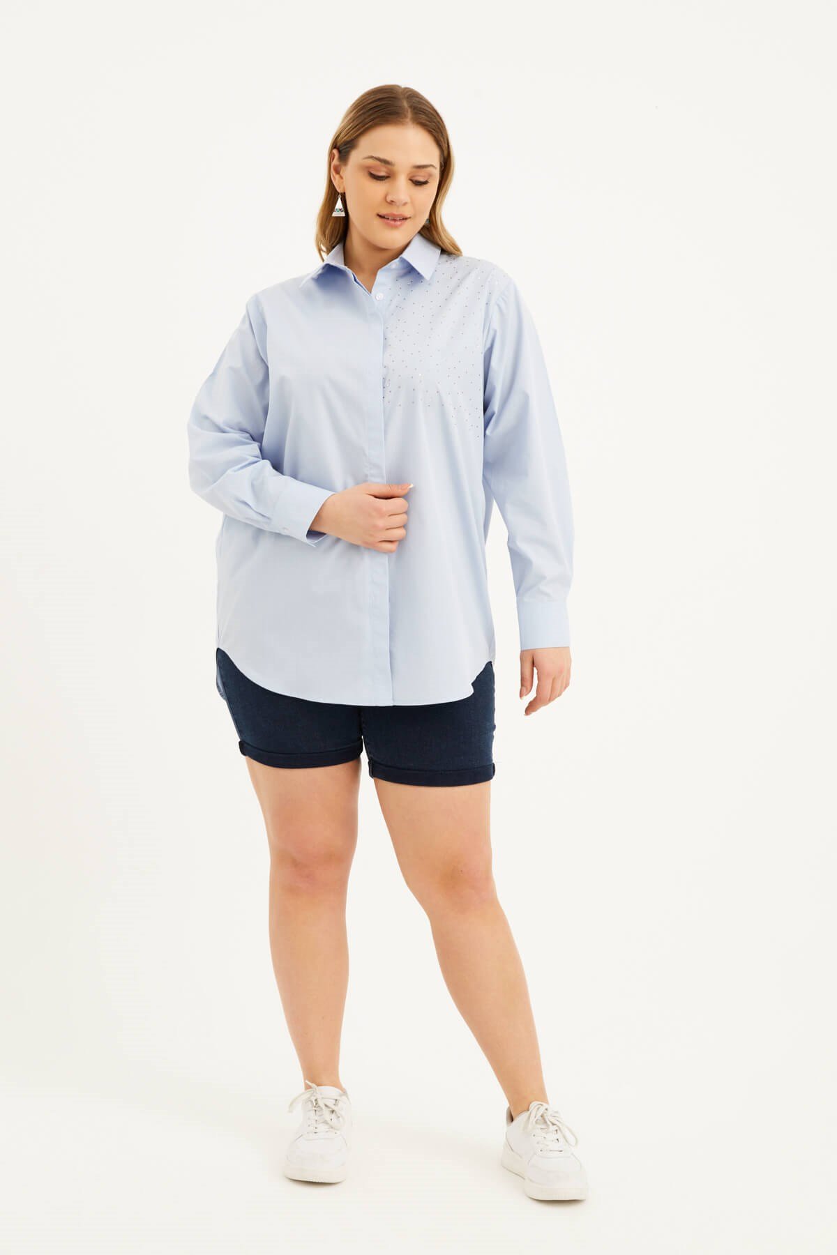 Myline-Oversize Taş Baskılı Poplin Gömlek -Büyük Beden Gömlek-77159