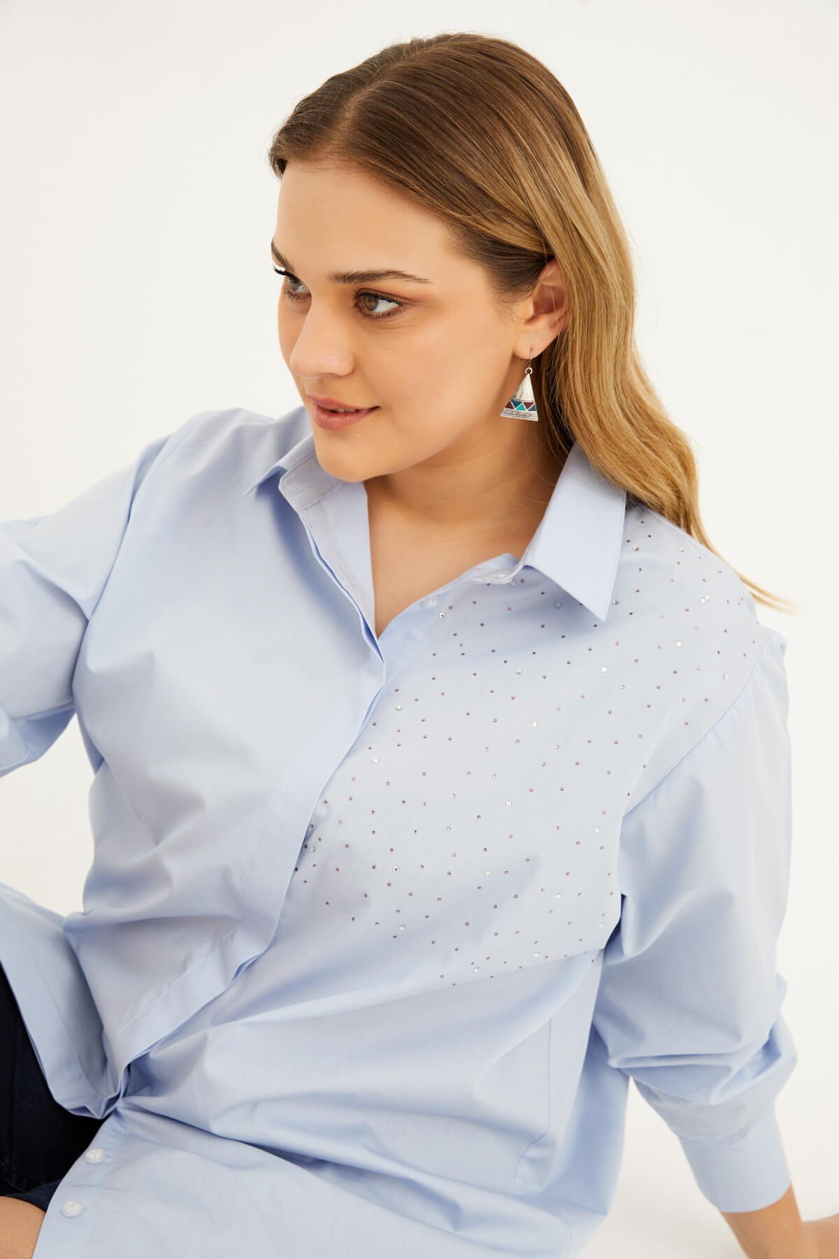 Myline-Oversize Taş Baskılı Poplin Gömlek -Büyük Beden Gömlek-77159