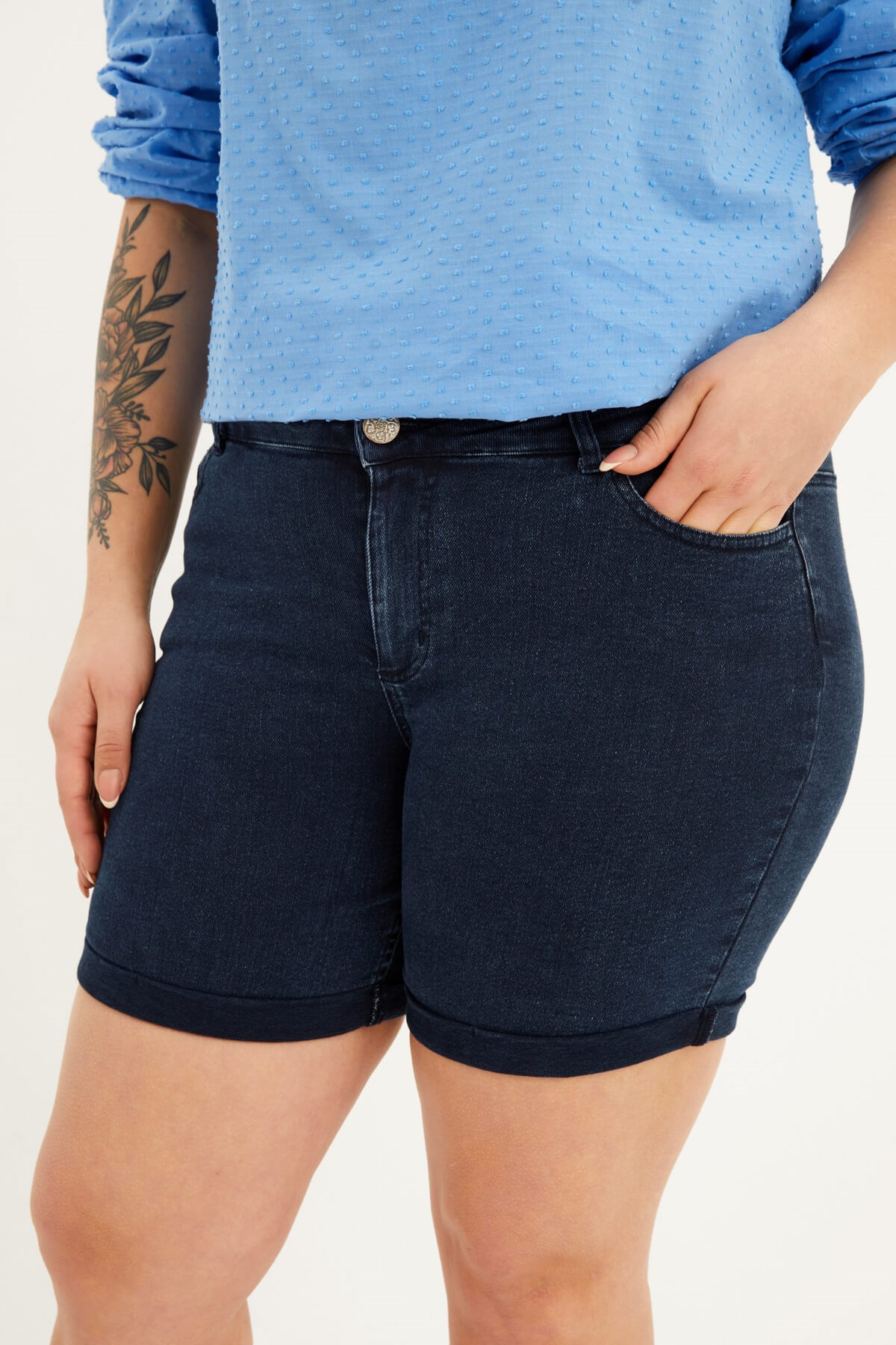 Myline-Paçası Katlı Denim Şort-Büyük Beden Şort-66643