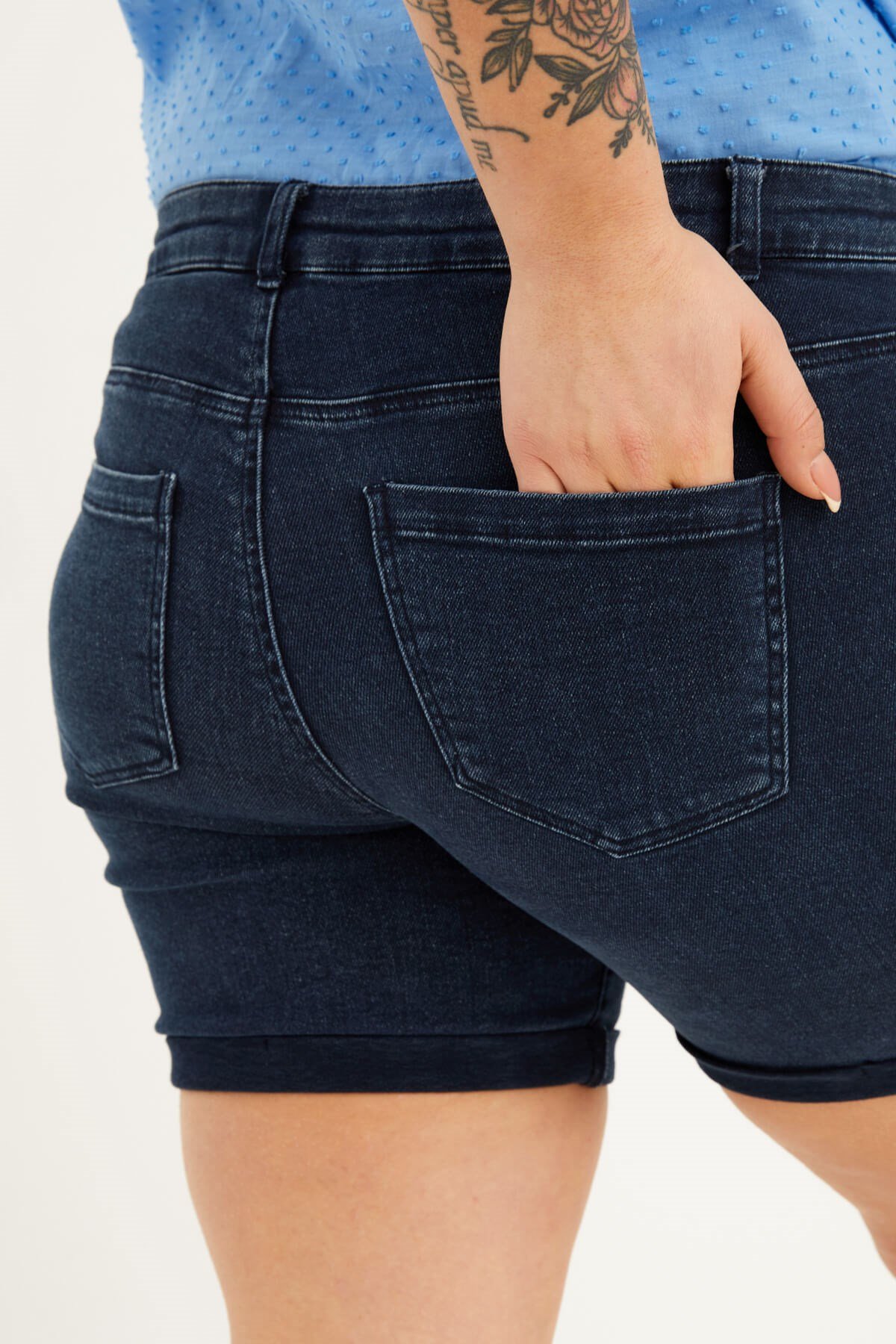 Myline-Paçası Katlı Denim Şort-Büyük Beden Şort-66643