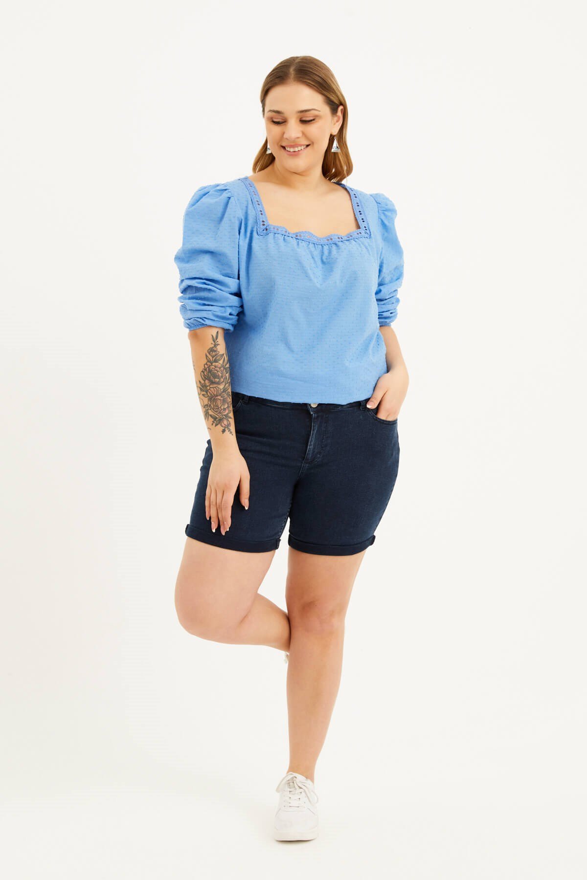 Myline-Paçası Katlı Denim Şort-Büyük Beden Şort-66643