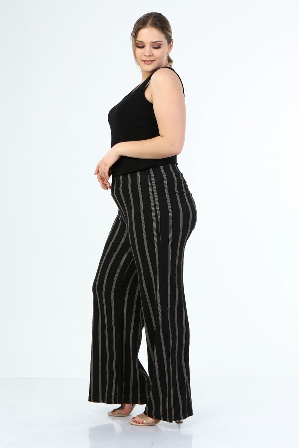 Myline-Paçası Yırtmaçlı Beli Lastikli Pantolon-Büyük Beden Pantolon-45683