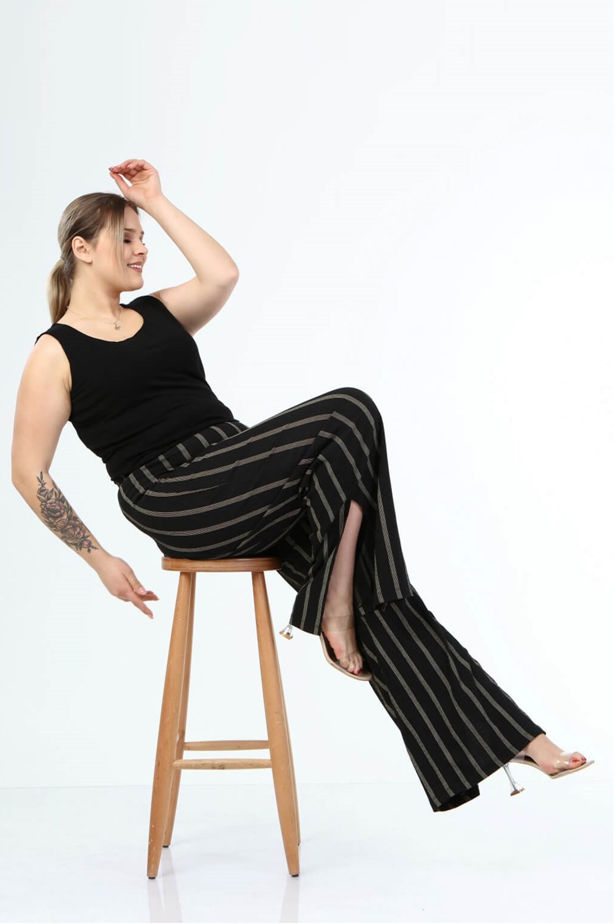 Myline-Paçası Yırtmaçlı Beli Lastikli Pantolon-Büyük Beden Pantolon-45683