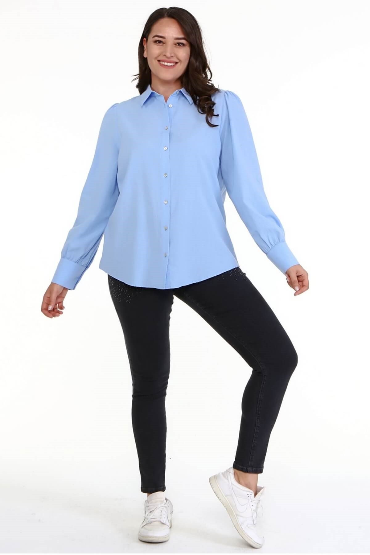 Myline-Pamuklu Büzgü Detaylı Gömlek -Büyük Beden Gömlek-66948