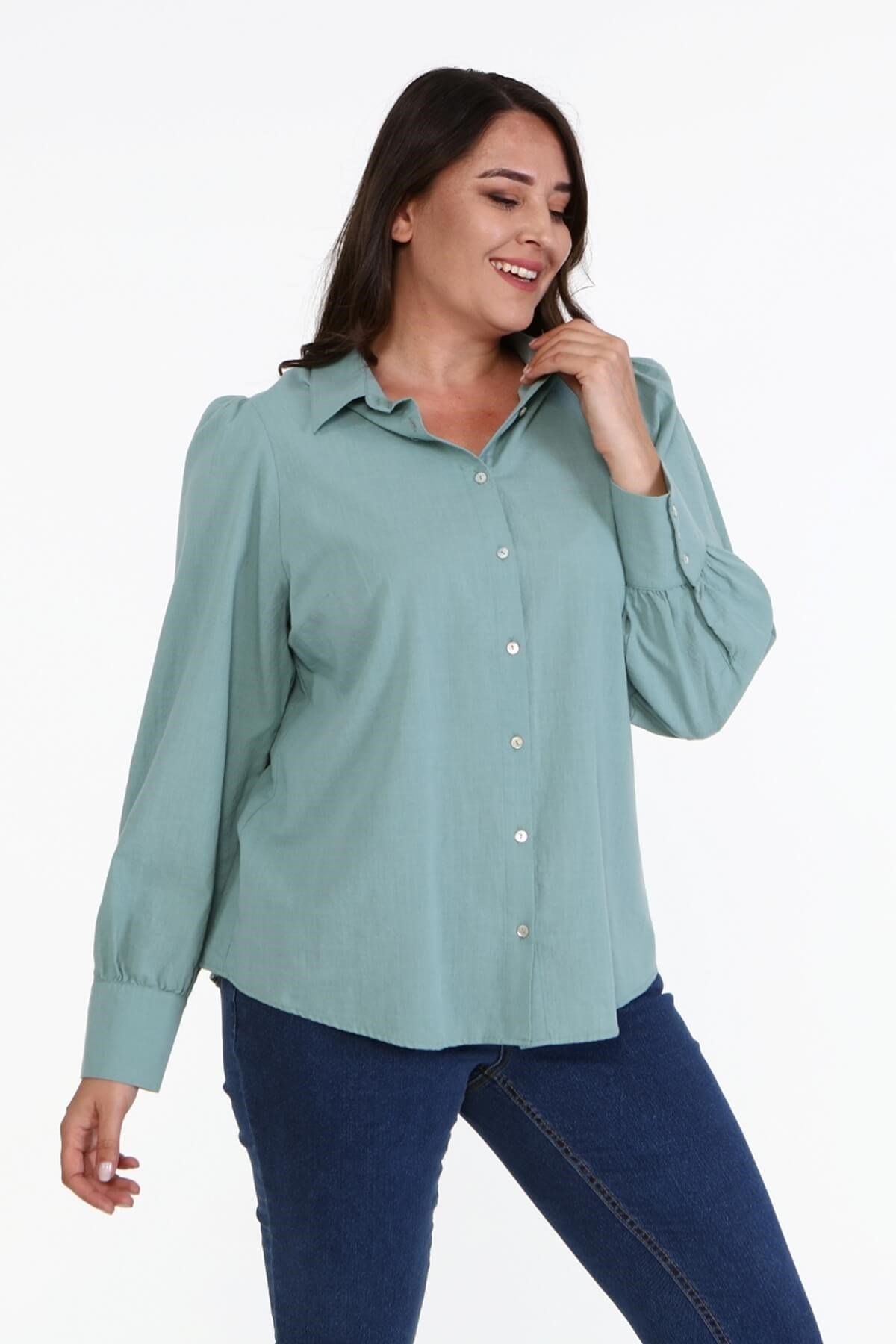 Myline-Pamuklu Büzgü Detaylı Gömlek -Büyük Beden Gömlek-67001