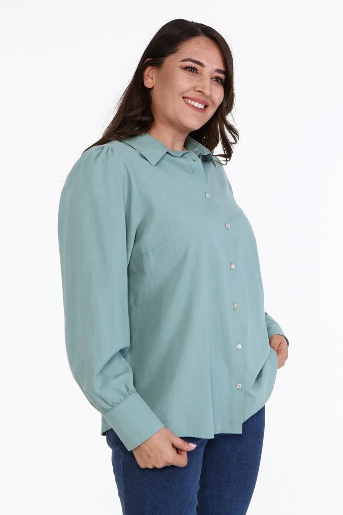 Myline-Pamuklu Büzgü Detaylı Gömlek -Büyük Beden Gömlek-67001