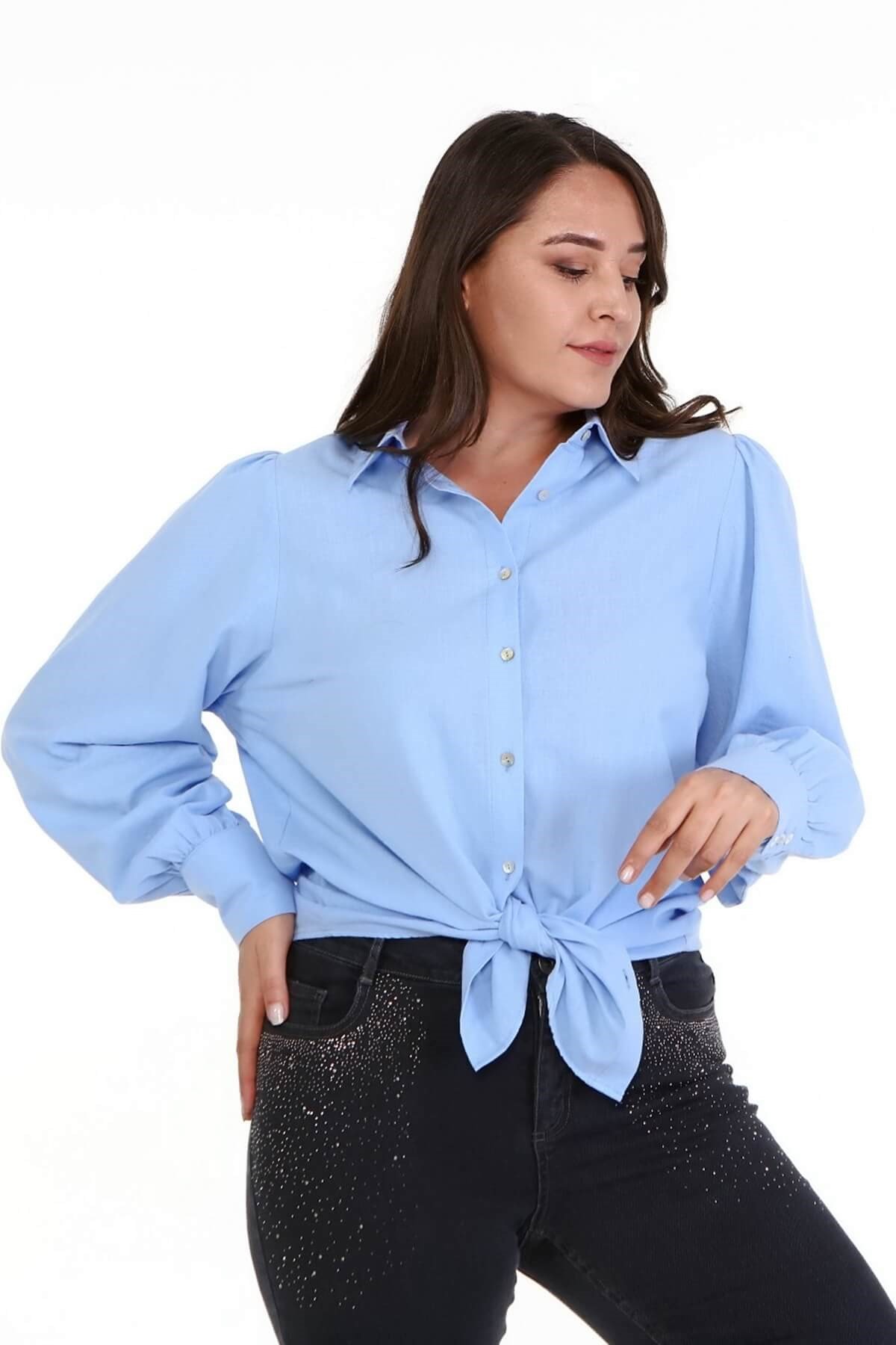 Myline-Pamuklu Büzgü Detaylı Gömlek -Büyük Beden Gömlek-66948