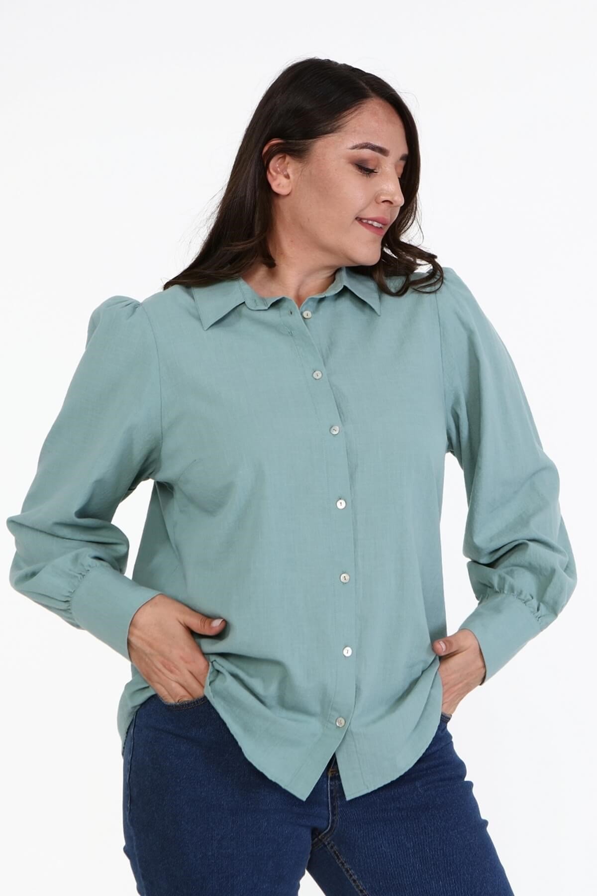 Myline-Pamuklu Büzgü Detaylı Gömlek -Büyük Beden Gömlek-67001