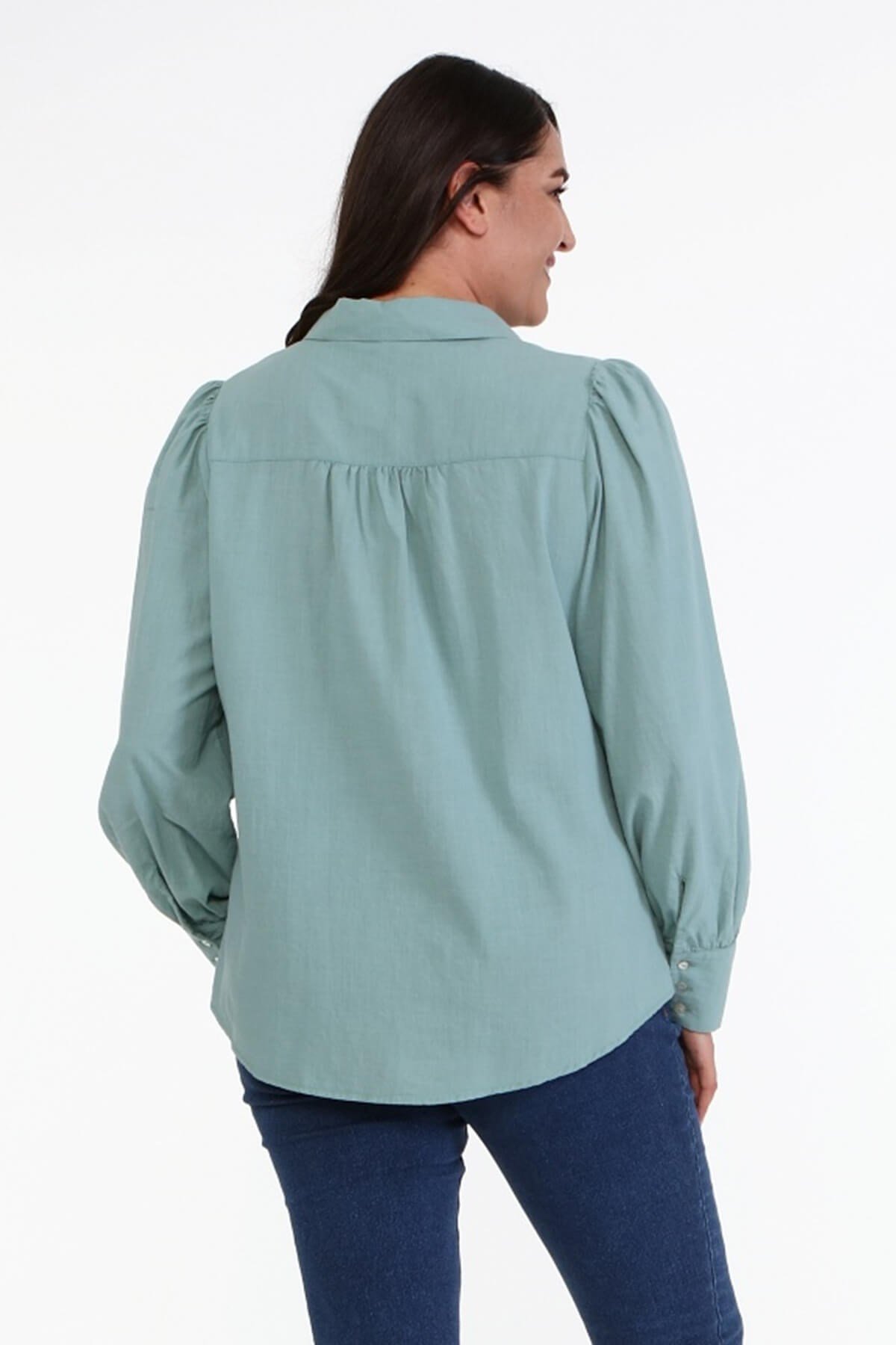Myline-Pamuklu Büzgü Detaylı Gömlek -Büyük Beden Gömlek-67001