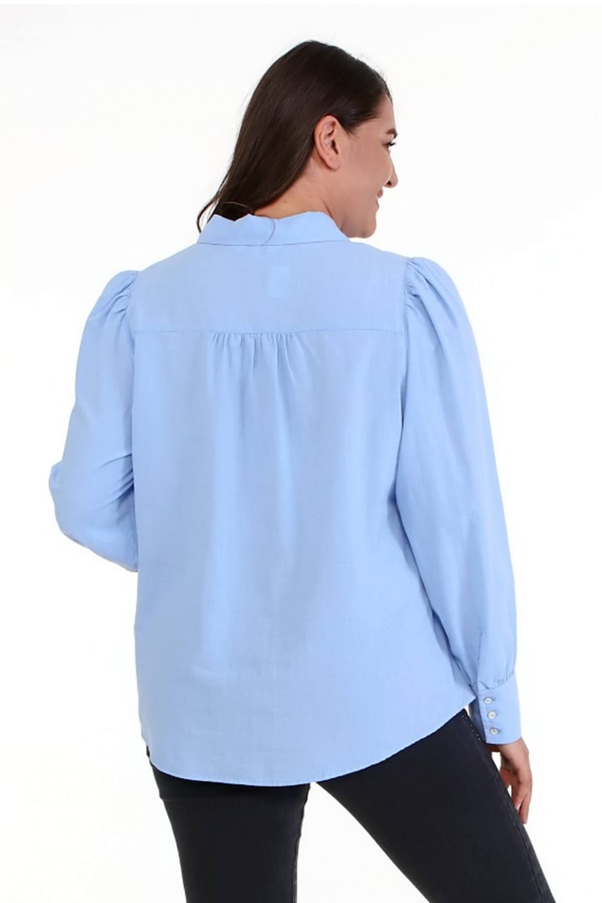Myline-Pamuklu Büzgü Detaylı Gömlek -Büyük Beden Gömlek-66948