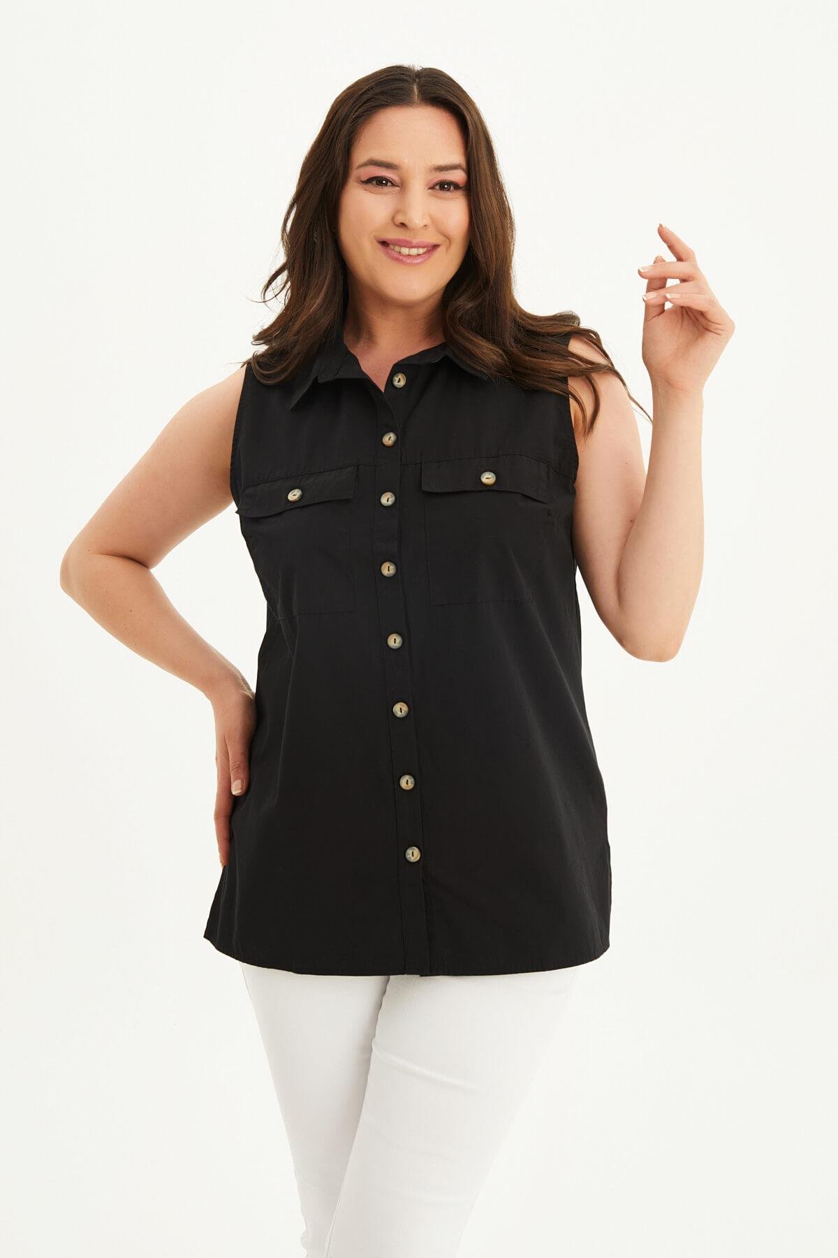 Myline-Pamuklu Kolsuz Gömlek-Büyük Beden Gömlek-66612