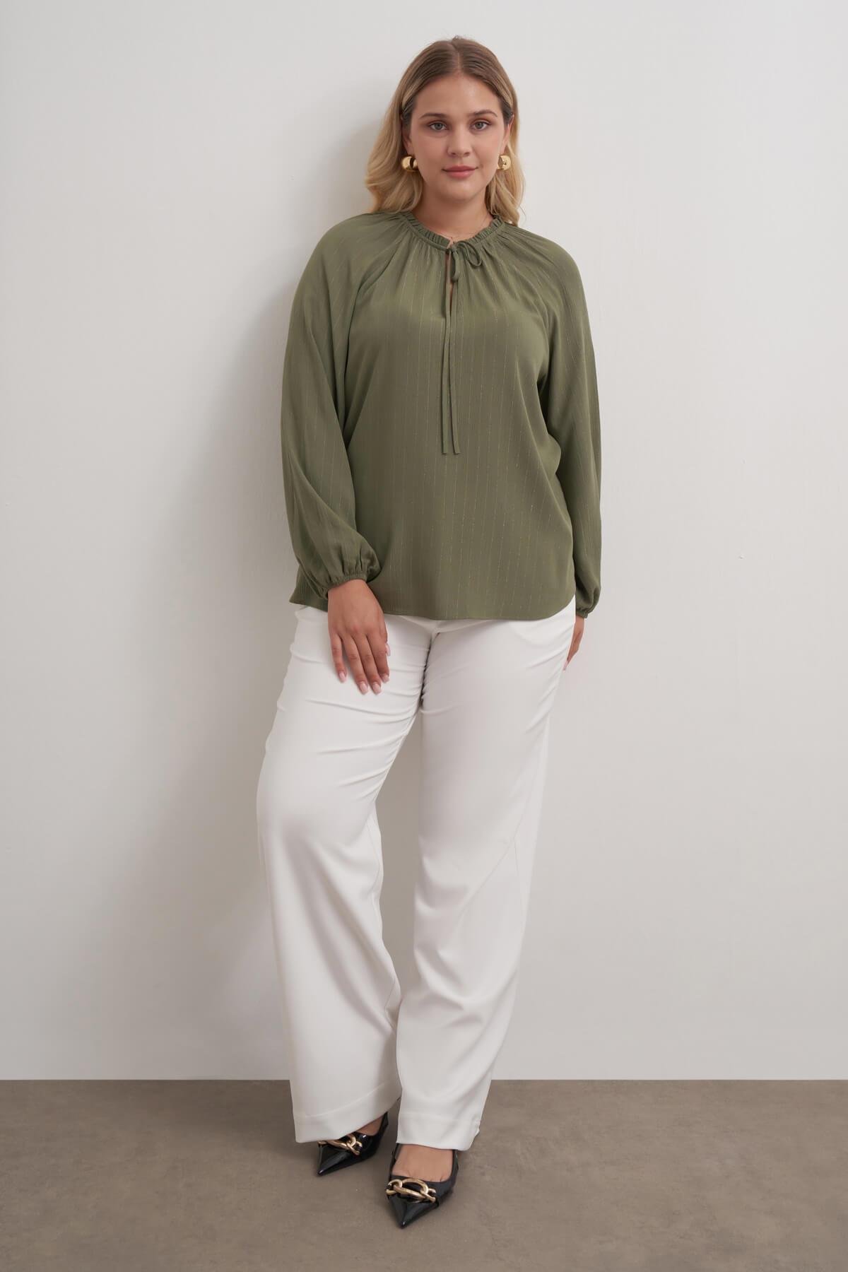 Myline-Parıltılı İplikli Bağcıklı Bluz-Büyük Beden Bluz-149516