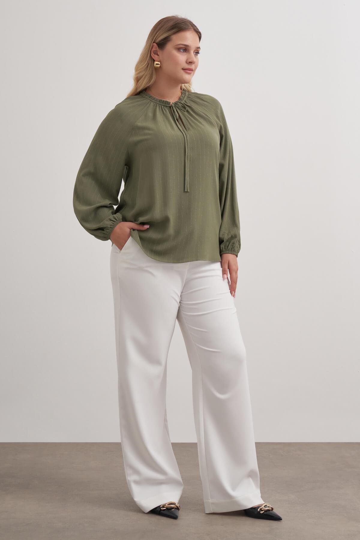 Myline-Parıltılı İplikli Bağcıklı Bluz-Büyük Beden Bluz-149516