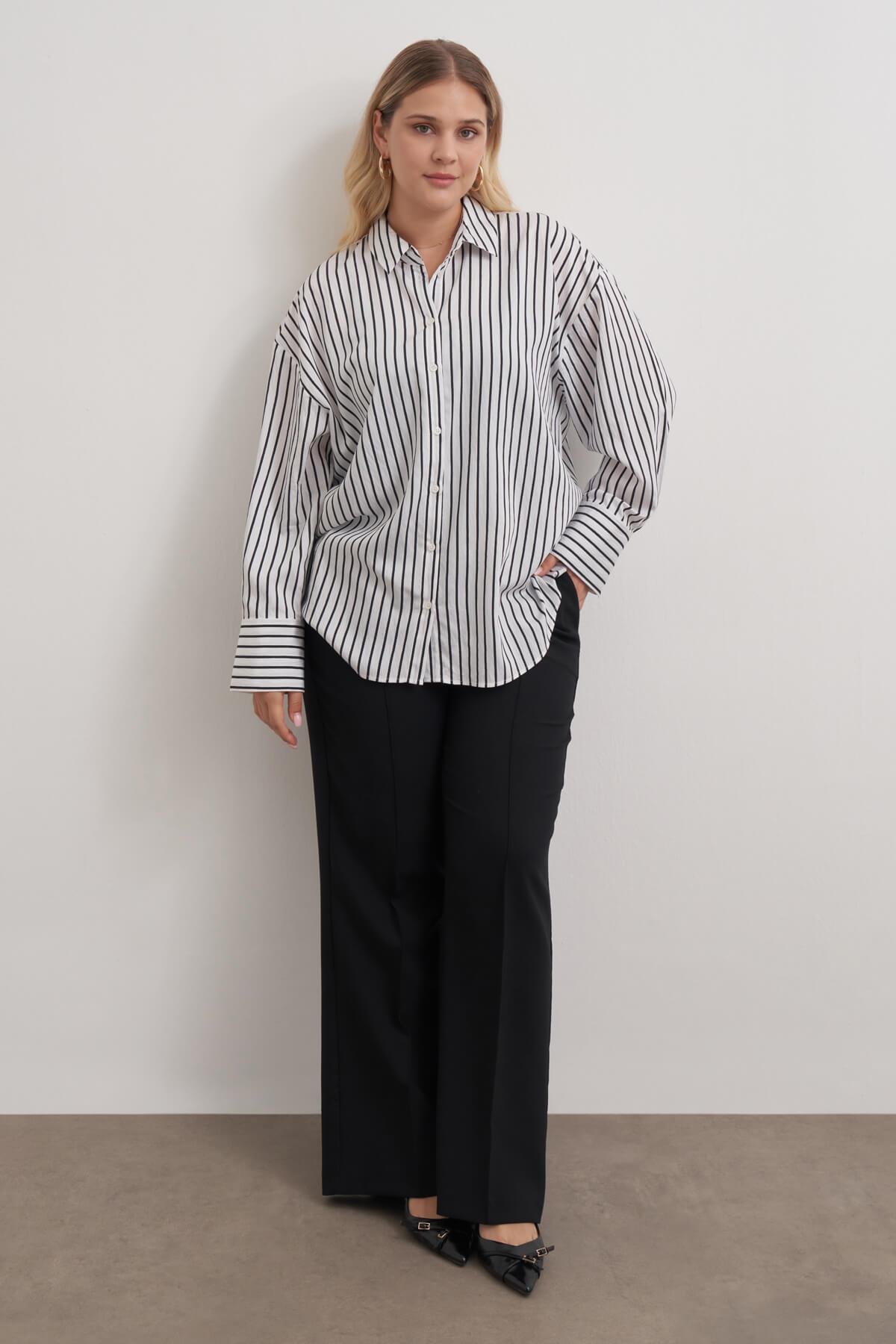 Myline-Parıltılı İplikli Çizgili Gömlek-Büyük Beden Gömlek-149511