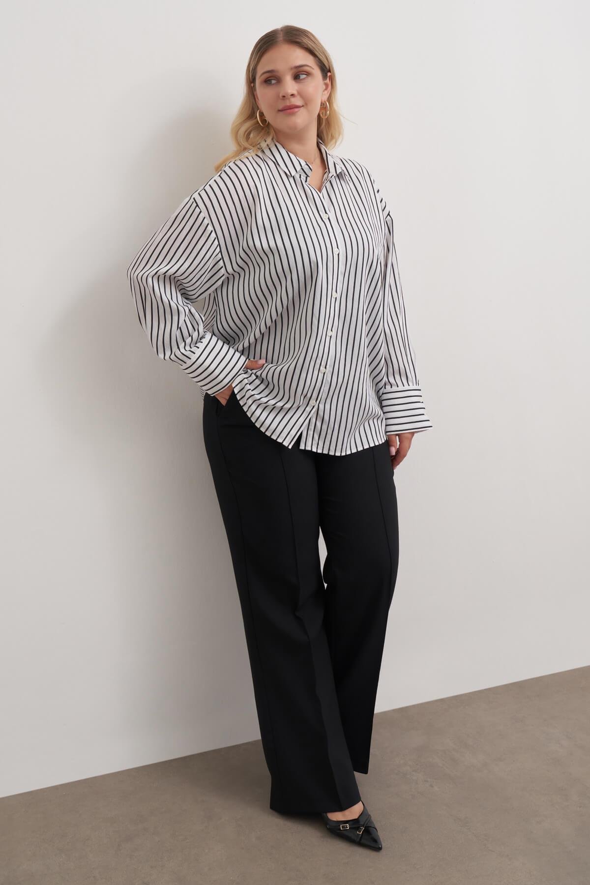 Myline-Parıltılı İplikli Çizgili Gömlek-Büyük Beden Gömlek-149511