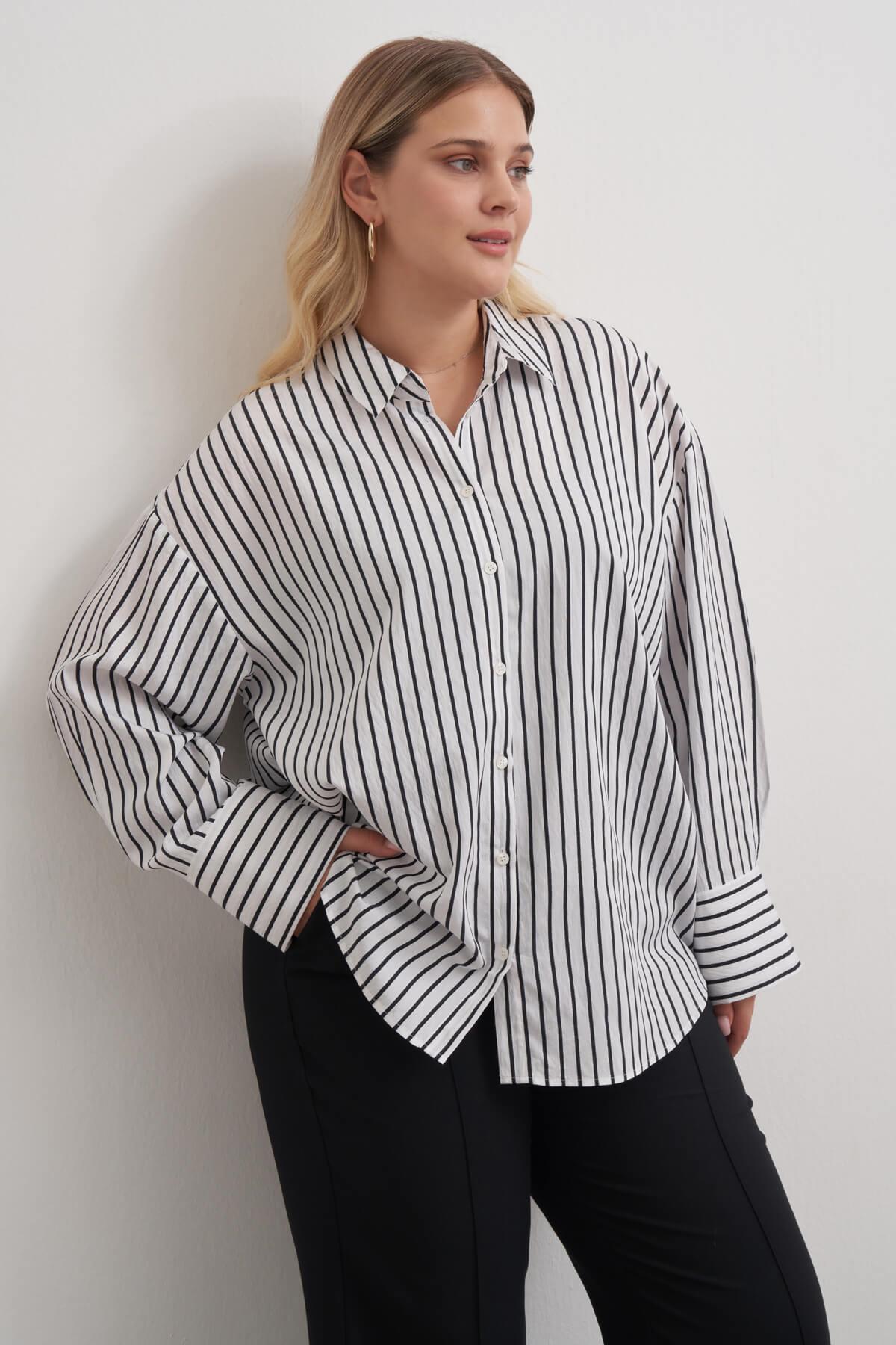 Myline-Parıltılı İplikli Çizgili Gömlek-Büyük Beden Gömlek-149511