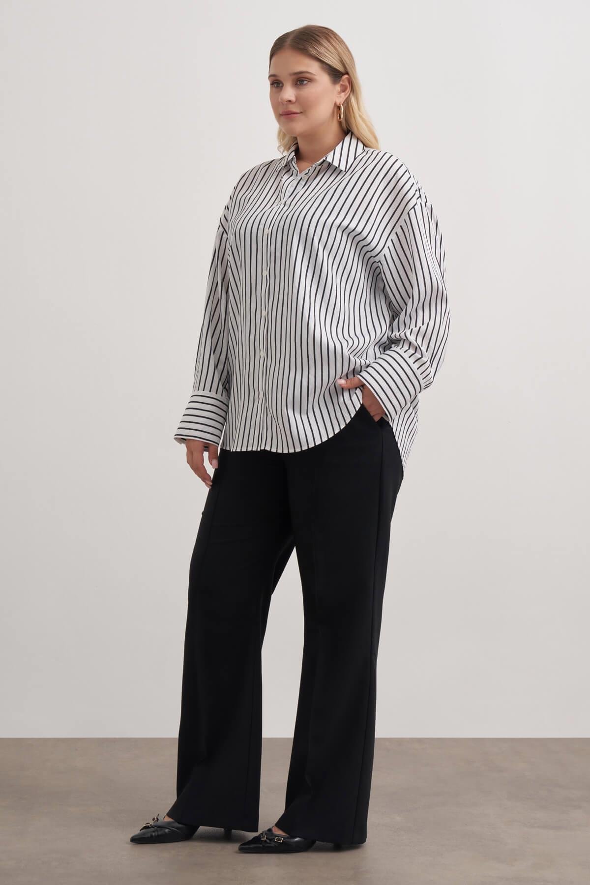 Myline-Parıltılı İplikli Çizgili Gömlek-Büyük Beden Gömlek-149511