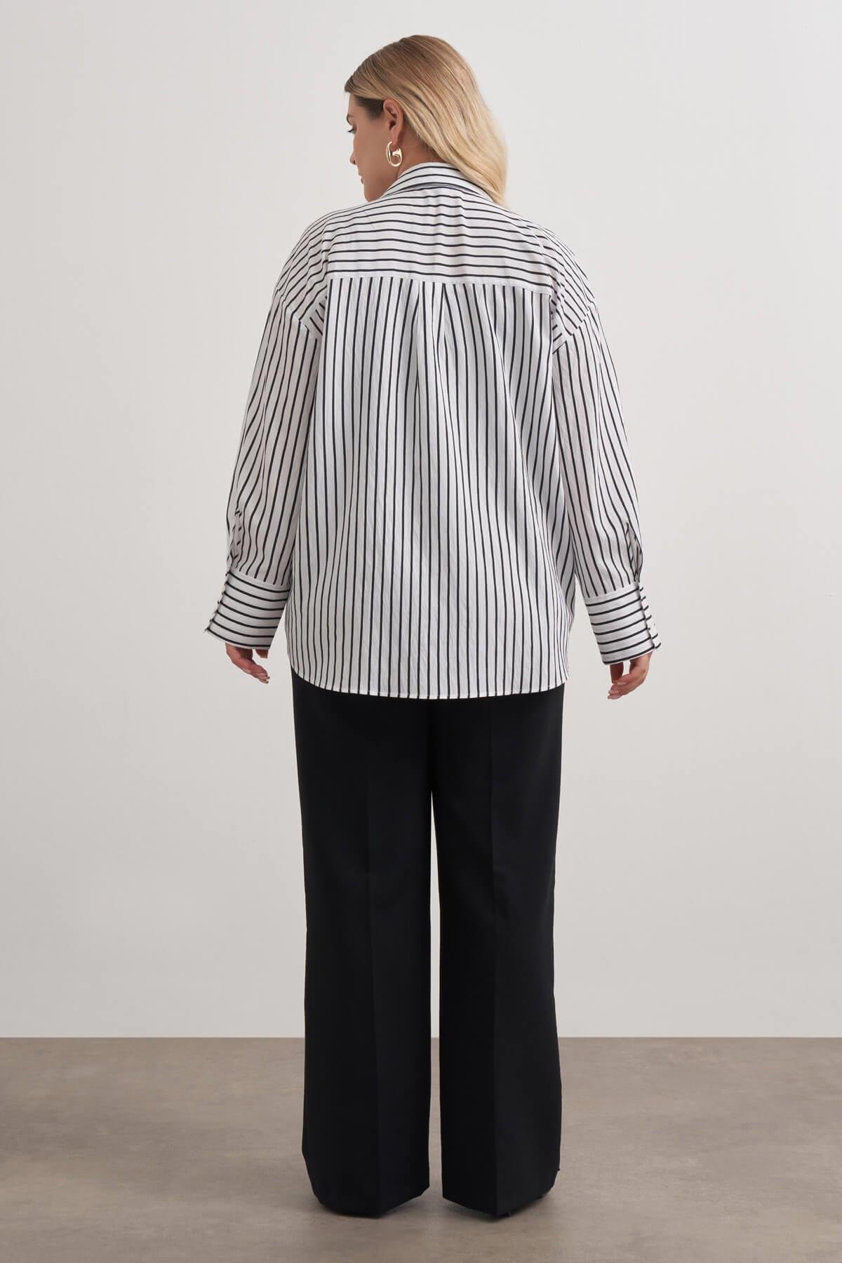 Myline-Parıltılı İplikli Çizgili Gömlek-Büyük Beden Gömlek-149511