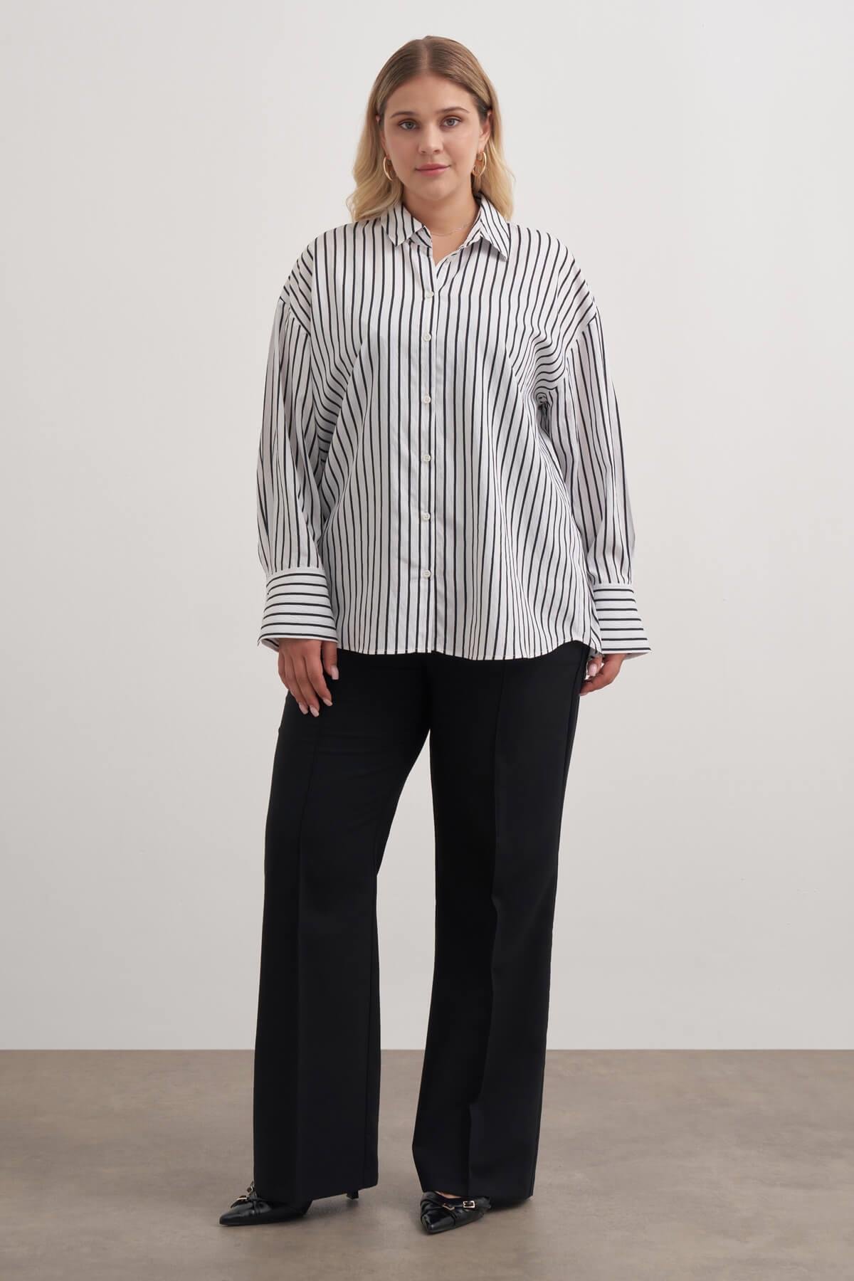 Myline-Parıltılı İplikli Çizgili Gömlek-Büyük Beden Gömlek-149511