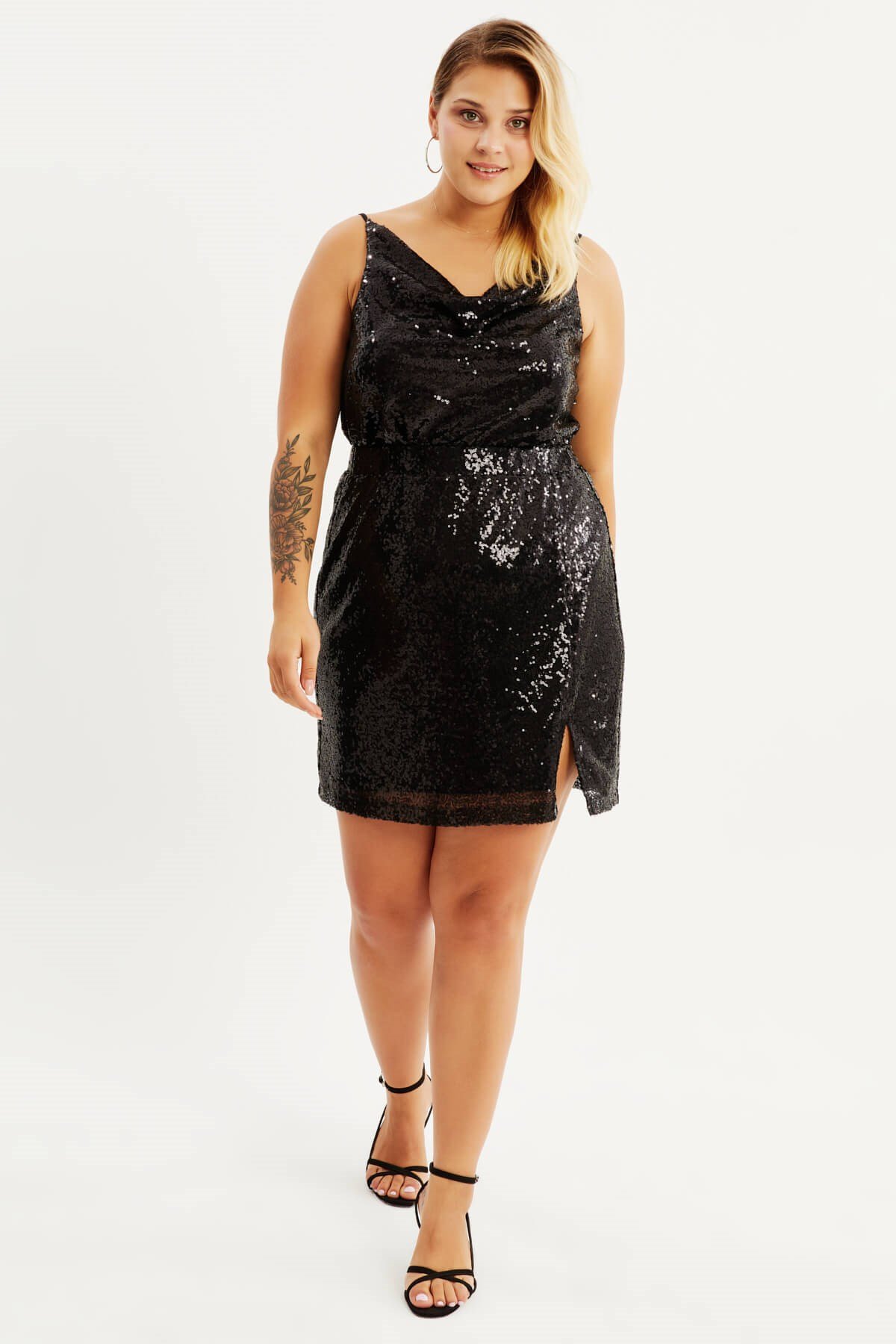 Myline-Payetli Beli Lastikli Yırtmaçlı Mini Etek-Büyük Beden Etek-87903