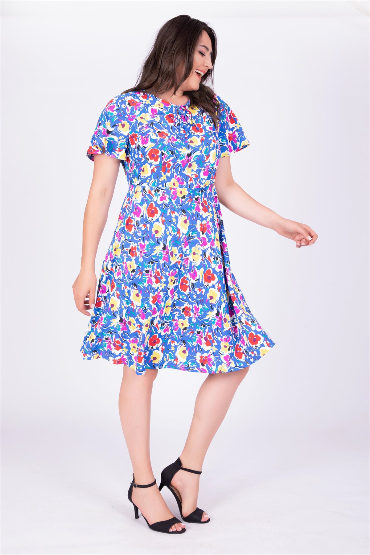 Myline-Pelerin Kol Çiçekli Elbise-Büyük Beden Günlük Elbiseler-34716