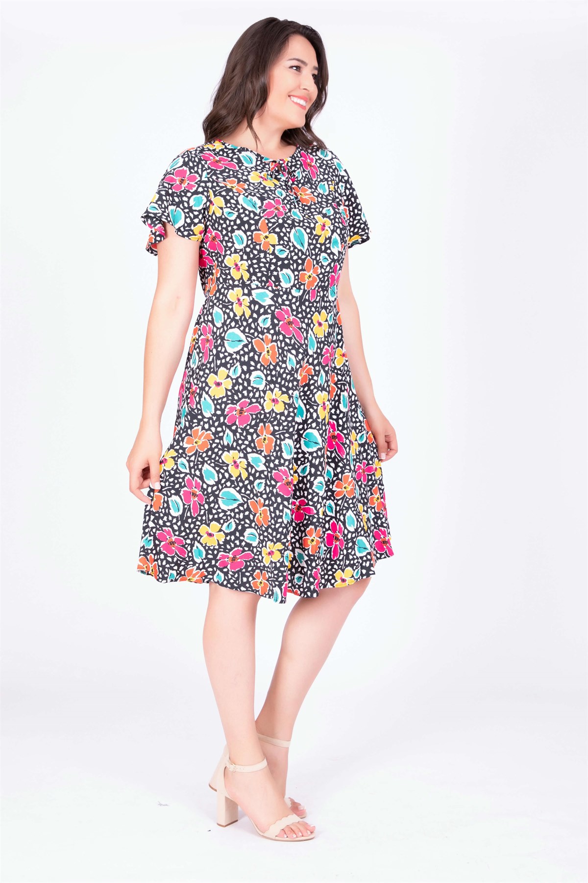 Myline-Pelerin Kol Çiçekli Elbise-Büyük Beden Günlük Elbiseler-34717