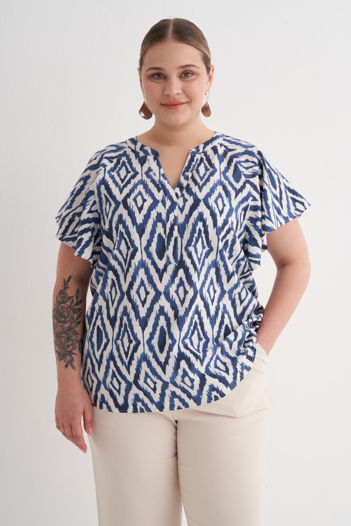 Myline-Pelerin Kol Desenli Tişört-Büyük Beden Tişört-149977