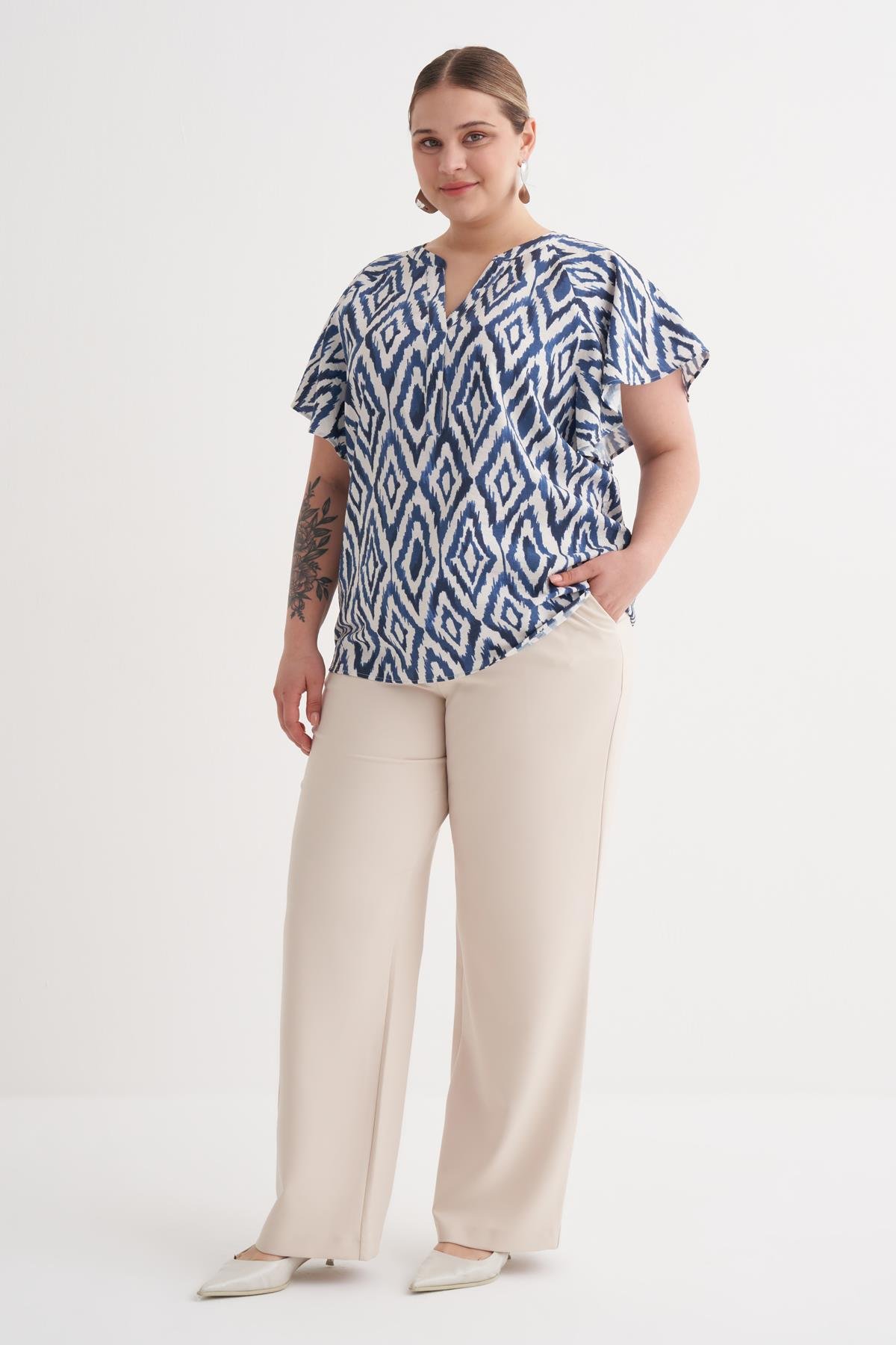 Myline-Pelerin Kol Desenli Tişört-Büyük Beden Tişört-149977