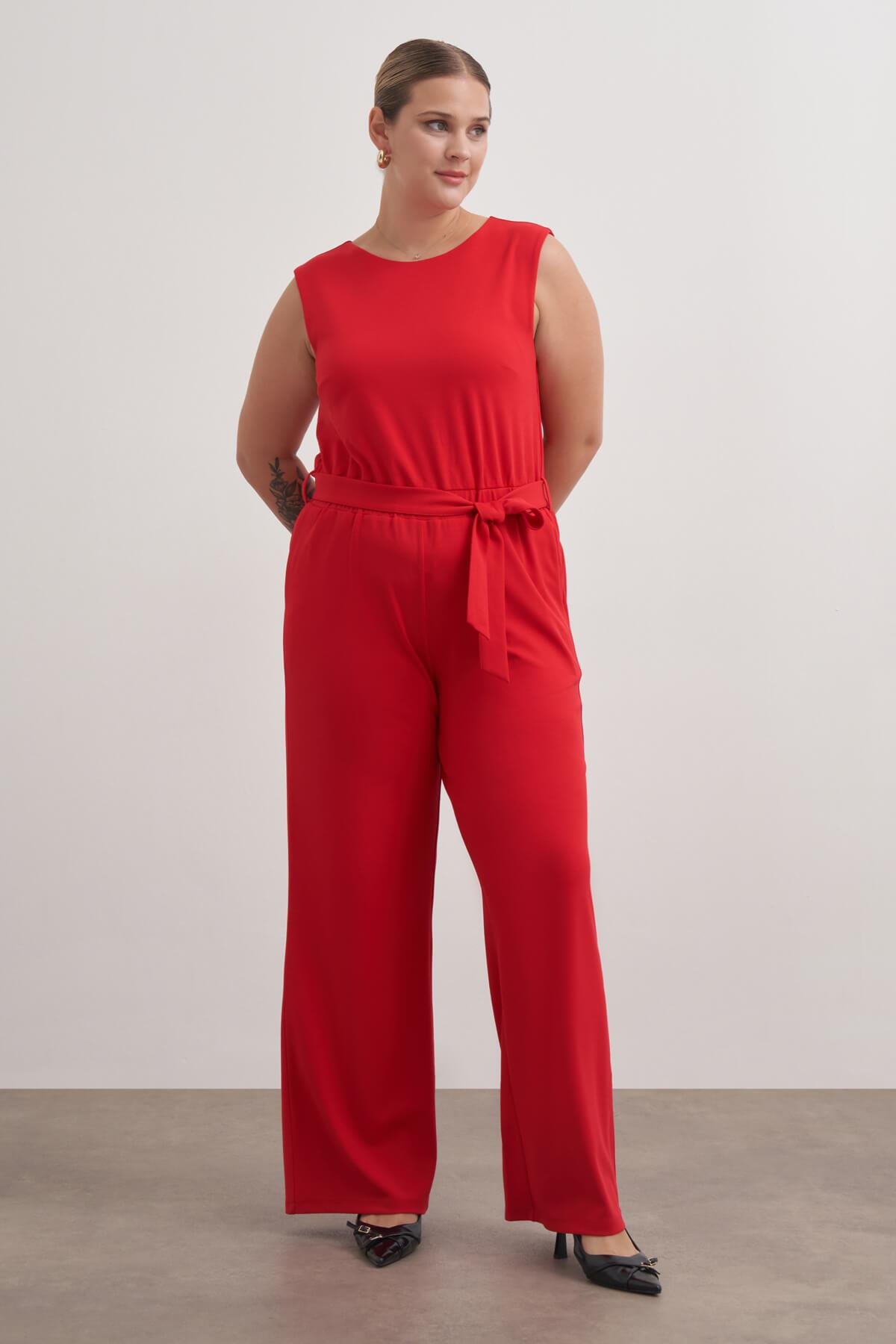 Myline-Pencere Detaylı Cepli Örme Tulum-Büyük Beden Tulum-149624