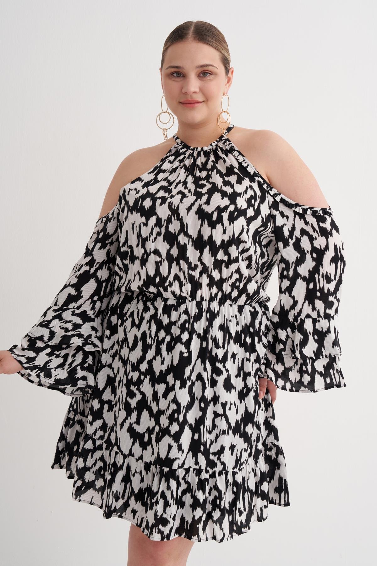 Myline-Pencere Detaylı Volanlı Elbise-Büyük Beden Günlük Elbiseler-149886