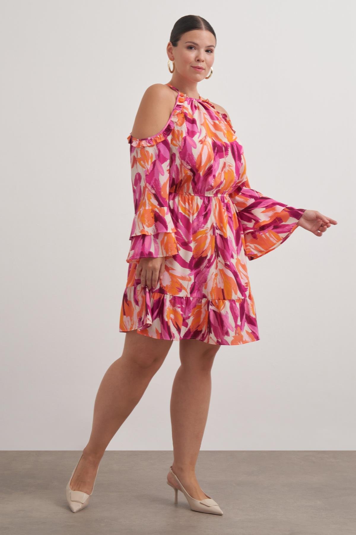 Myline-Pencere Detaylı Volanlı Elbise-Büyük Beden Elbise-149579