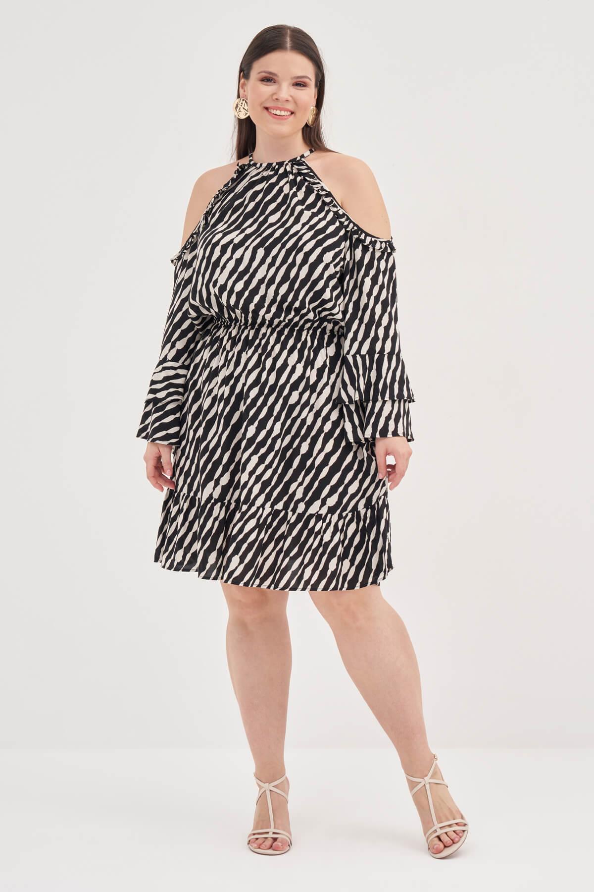 Pencere Detaylı Volanlı Elbise