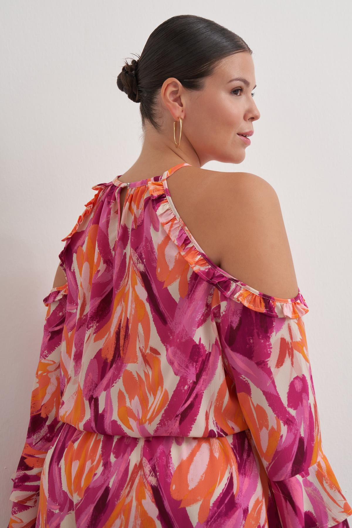 Myline-Pencere Detaylı Volanlı Elbise-Büyük Beden Elbise-149579