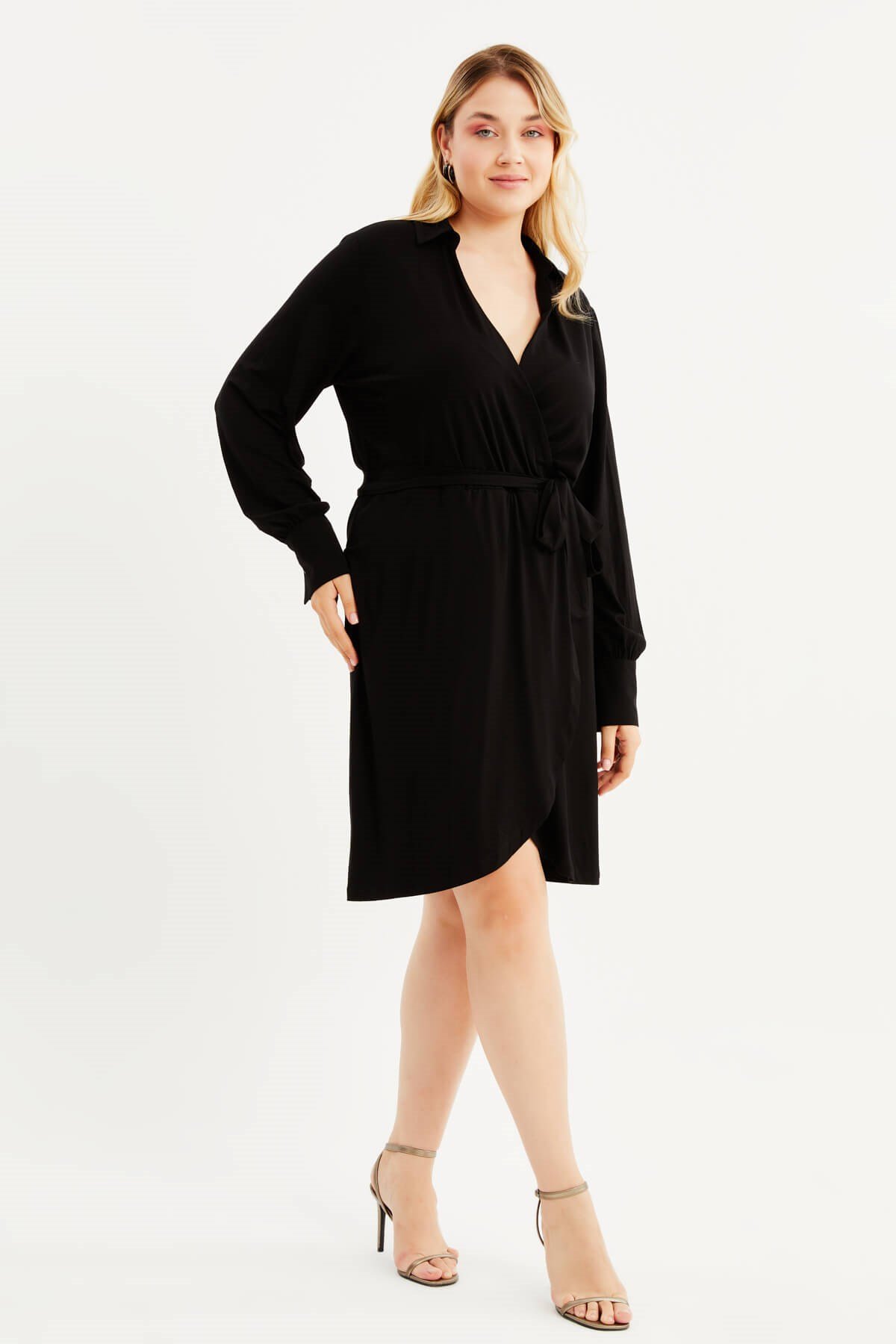 Myline-Penye Anvelop Kuşaklı Elbise-Büyük Beden Günlük Elbiseler-87982