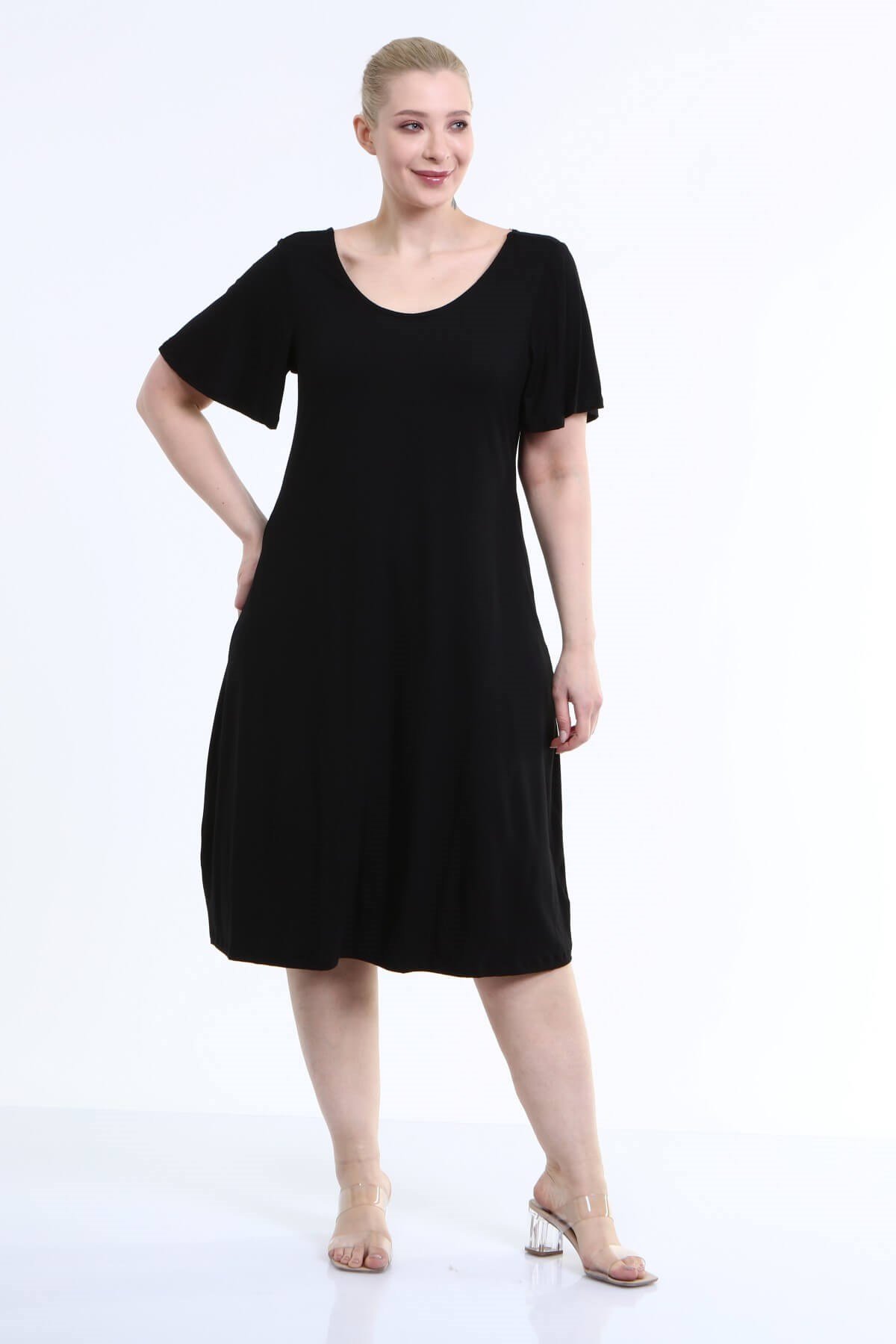 Myline-Penye Sırt Çapraz Pullu Şerit Elbise-Büyük Beden Abiye Elbise-66675