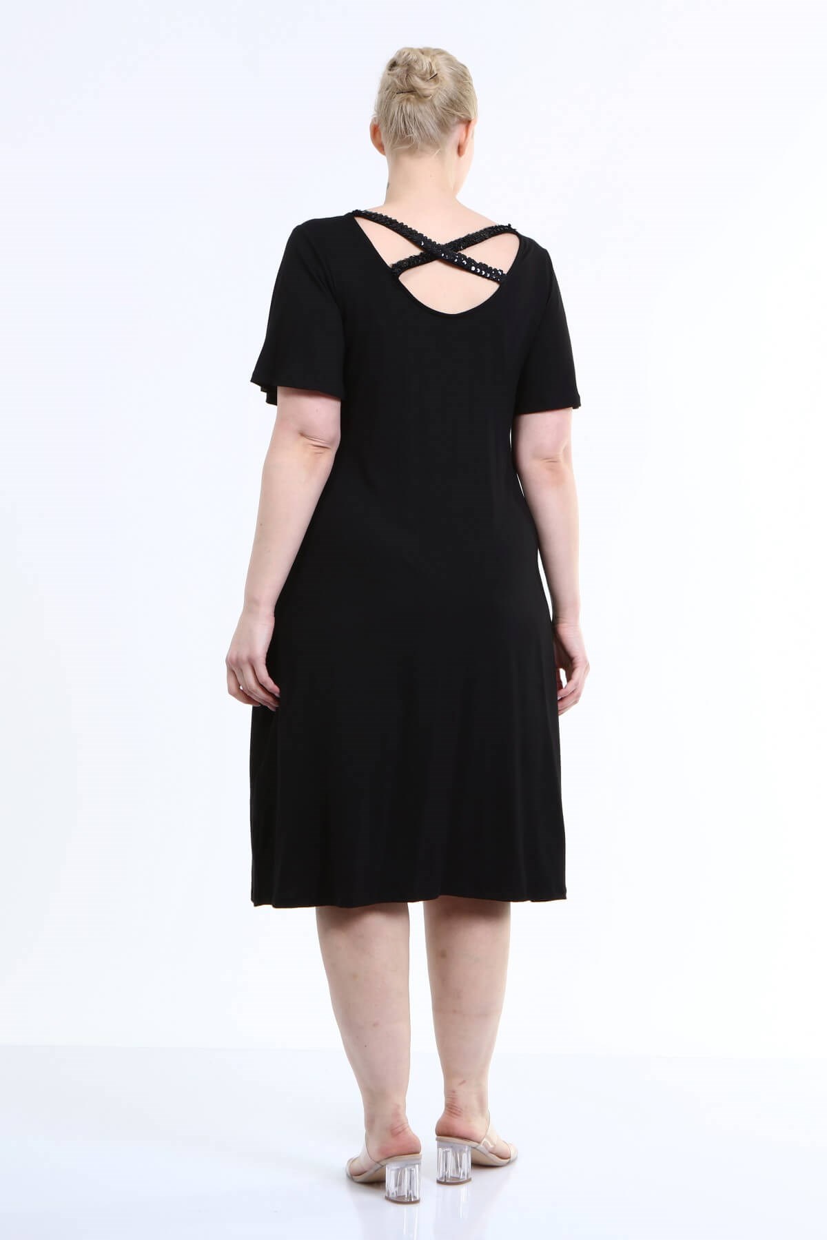 Myline-Penye Sırt Çapraz Pullu Şerit Elbise-Büyük Beden Abiye Elbise-66675