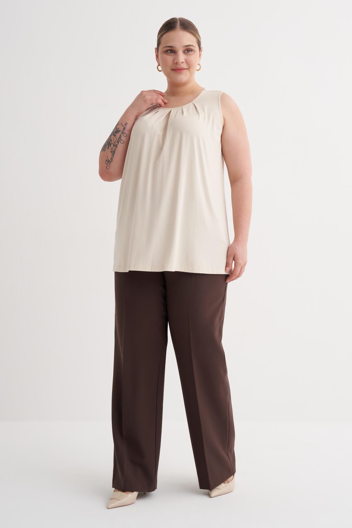 Myline-Pile Detaylı Örme Bluz-Büyük Beden Tişört-149868