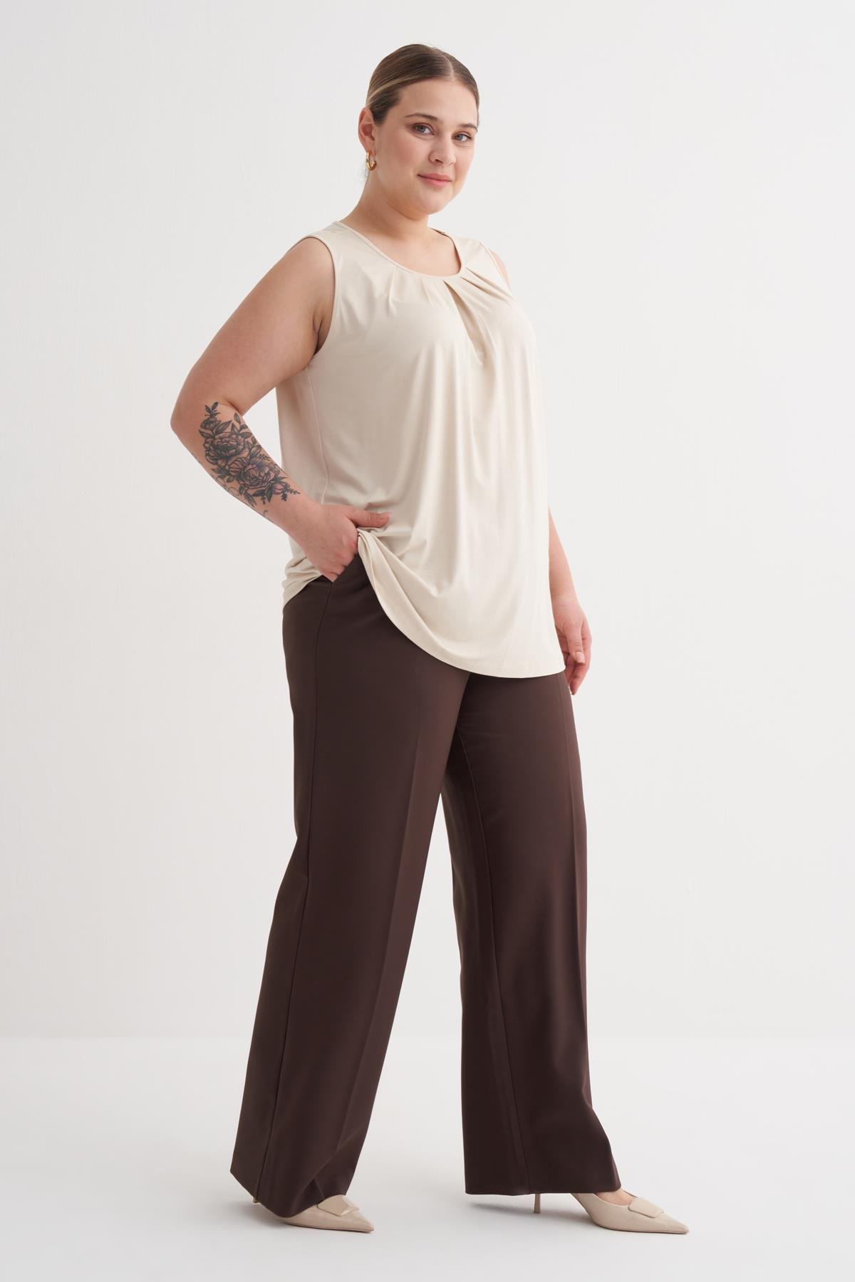 Myline-Pile Detaylı Örme Bluz-Büyük Beden Tişört-149868