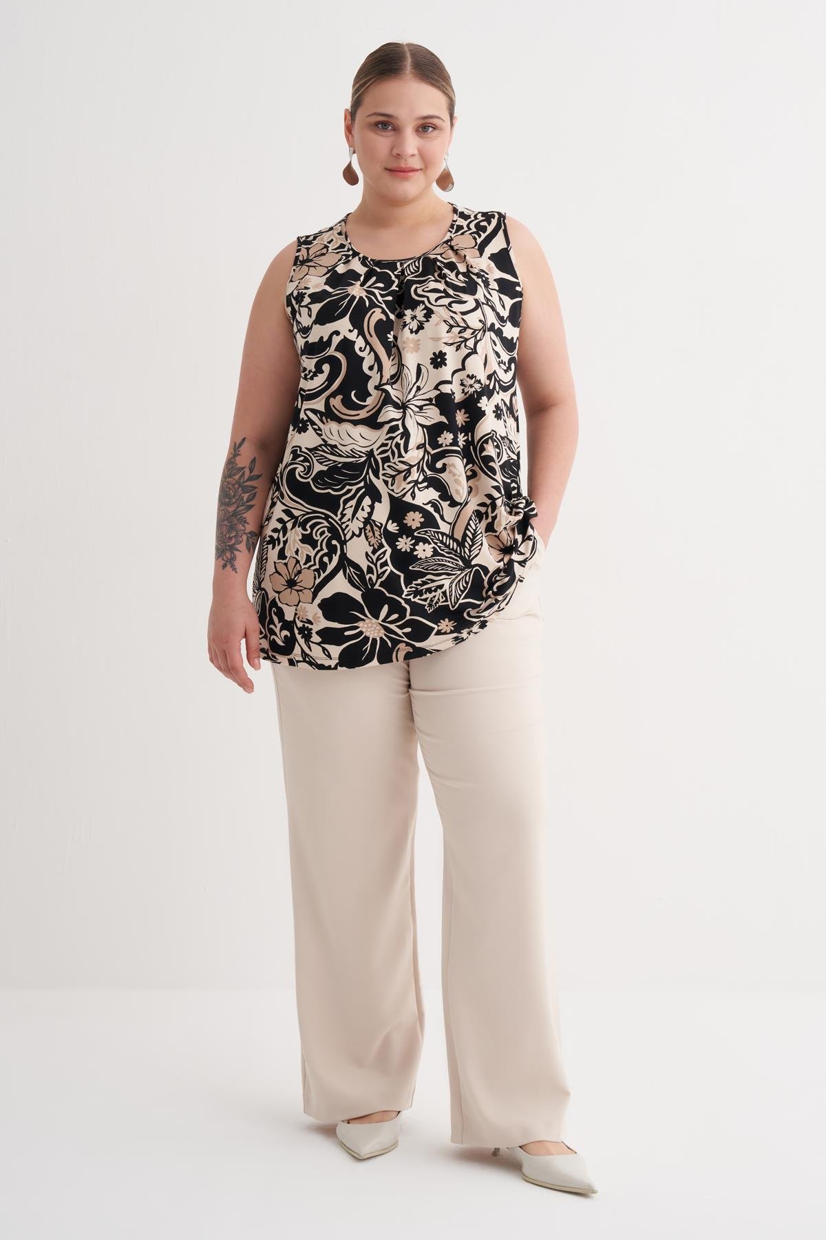 Myline-Pile Detaylı Örme Bluz-Büyük Beden Tişört-149869