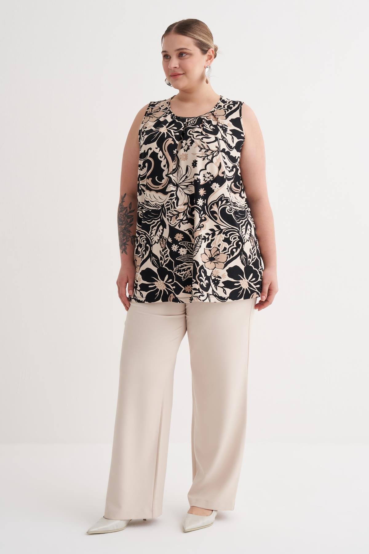 Myline-Pile Detaylı Örme Bluz-Büyük Beden Tişört-149869