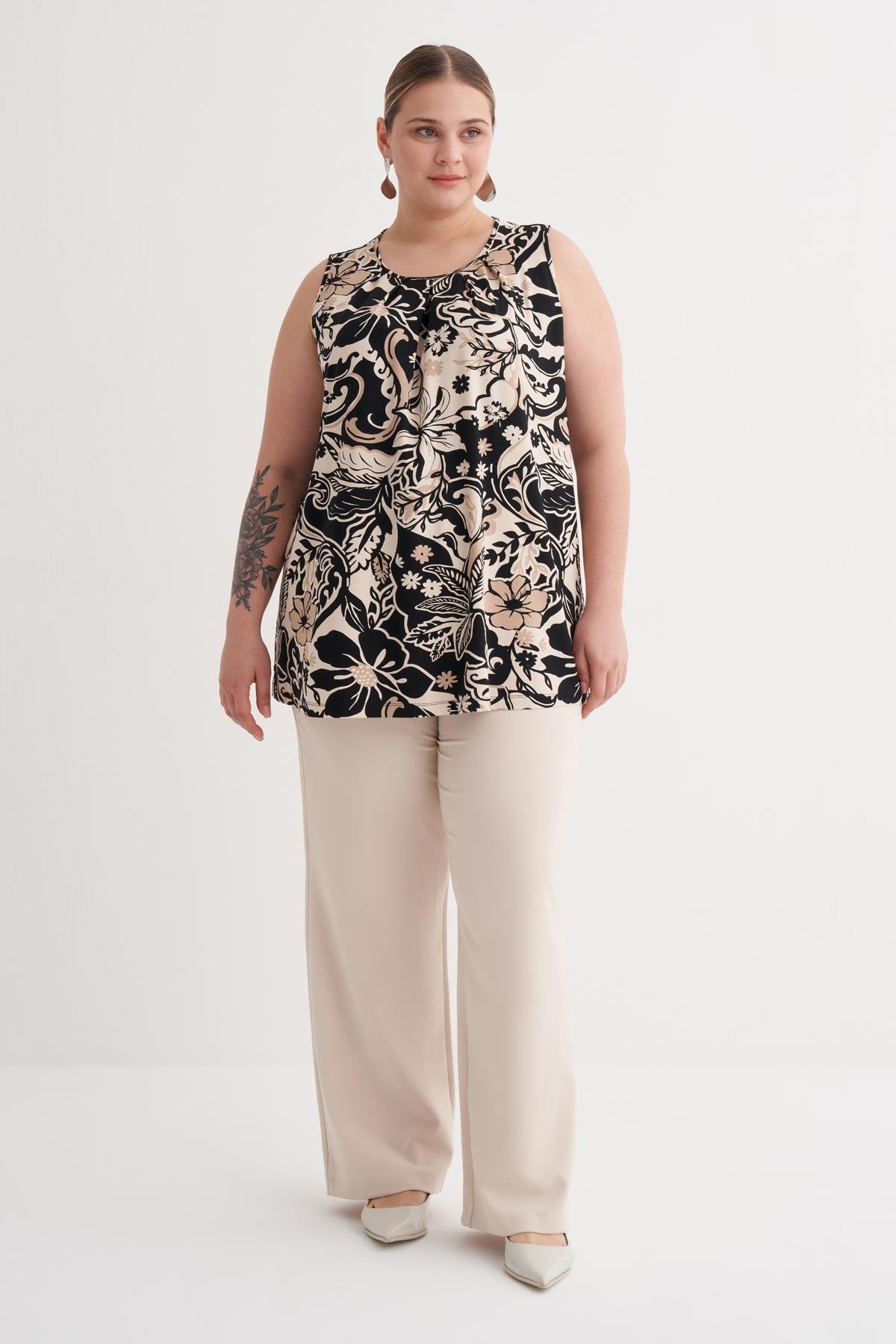 Myline-Pile Detaylı Örme Bluz-Büyük Beden Tişört-149869