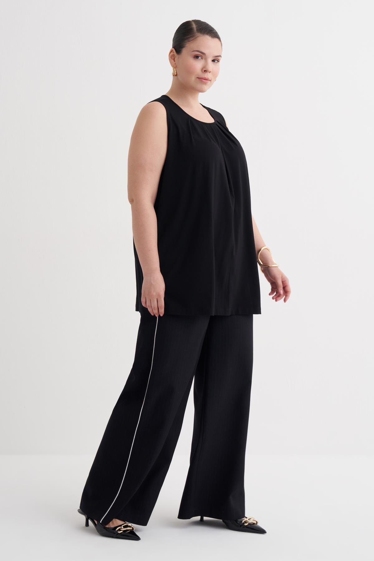 Myline-Pile Detaylı Örme Bluz-Büyük Beden Tişört-149870