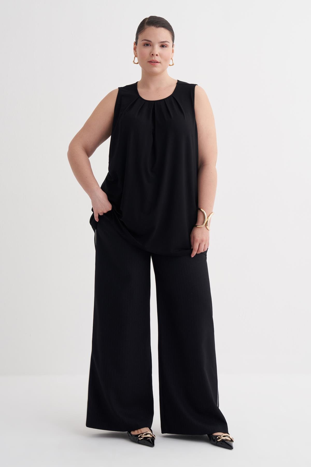 Myline-Pile Detaylı Örme Bluz-Büyük Beden Tişört-149870